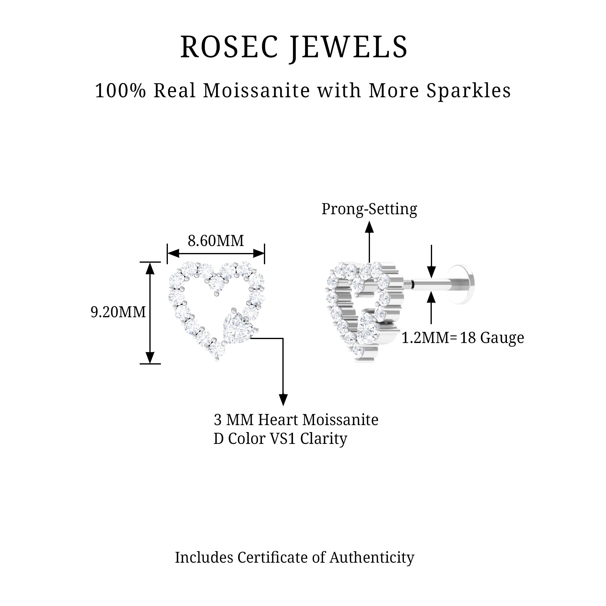 Certified Moissanite Heart Cartilage Earring