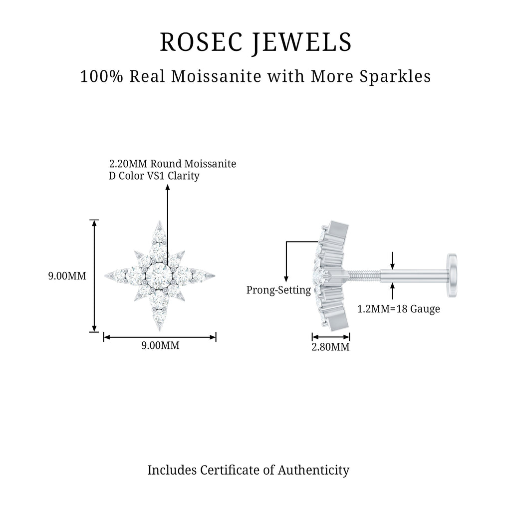 Moissanite Starburst Cartilage Earring with Flat Back
