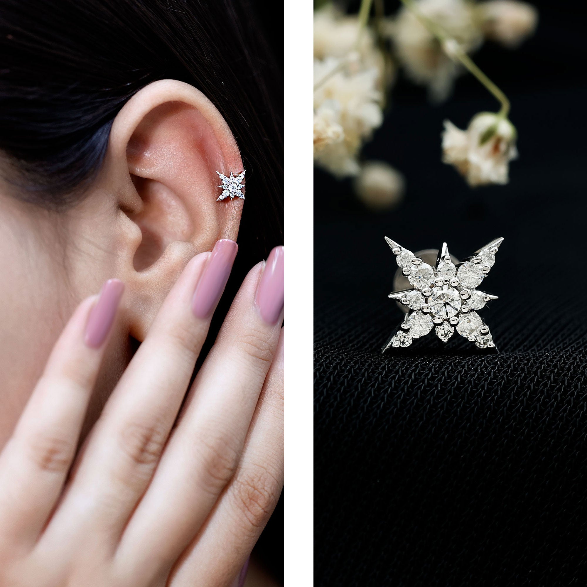 Moissanite Starburst Cartilage Earring with Flat Back