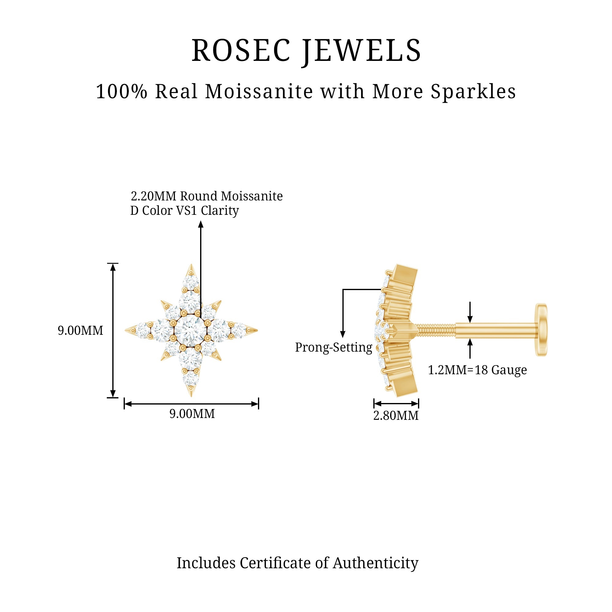 Moissanite Starburst Cartilage Earring with Flat Back