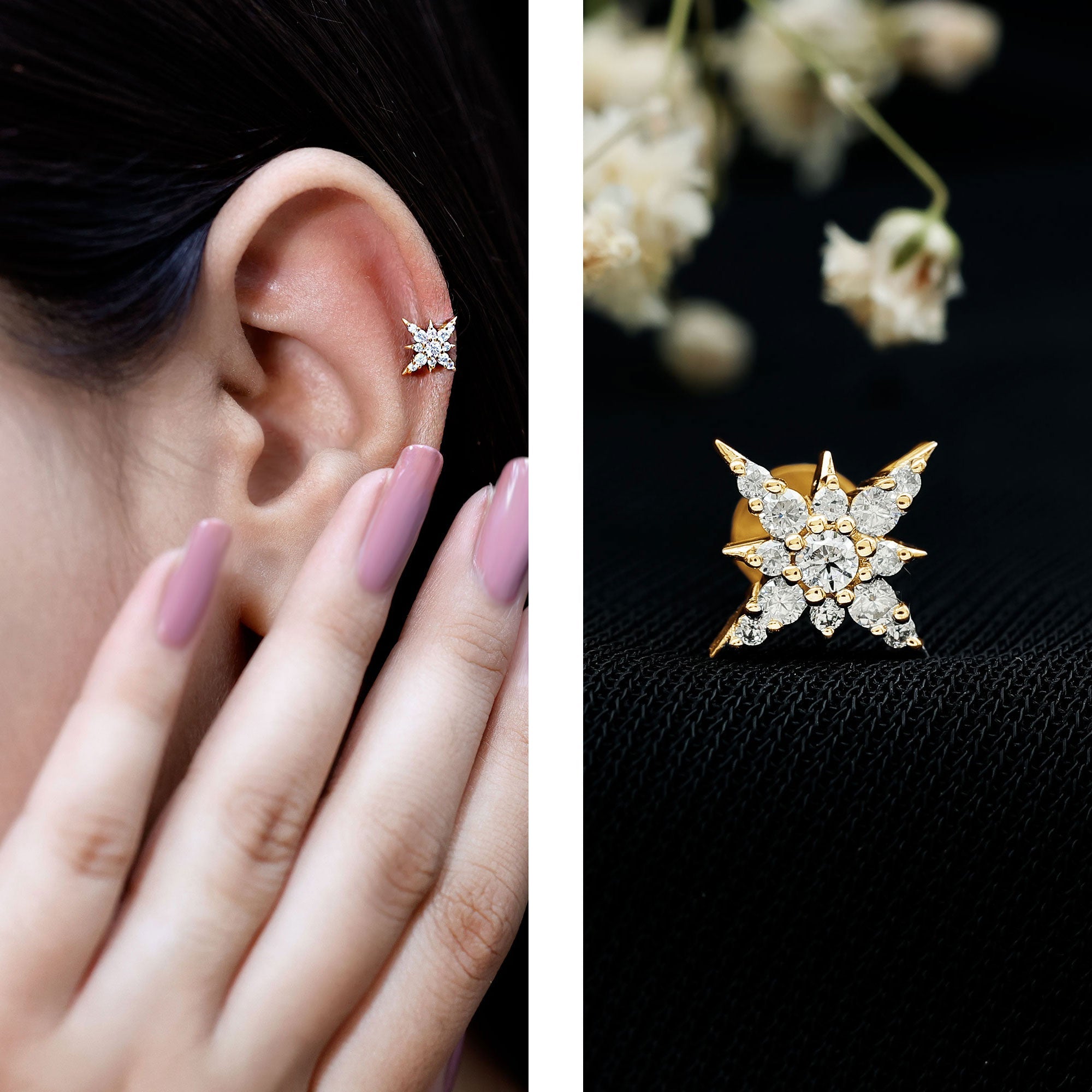 Moissanite Starburst Cartilage Earring with Flat Back
