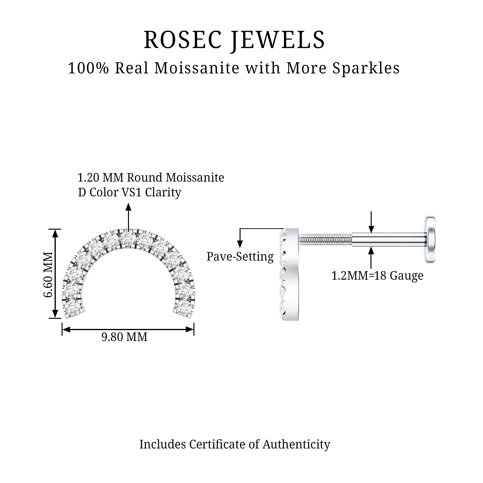 Moissanite Half Circle Earring for Helix Piercing