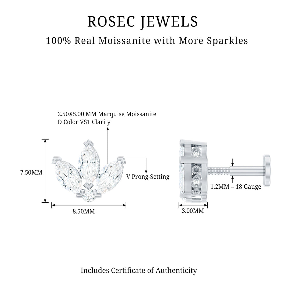 Certified Marquise Moissanite Lotus Flower Earring for Helix Piercing