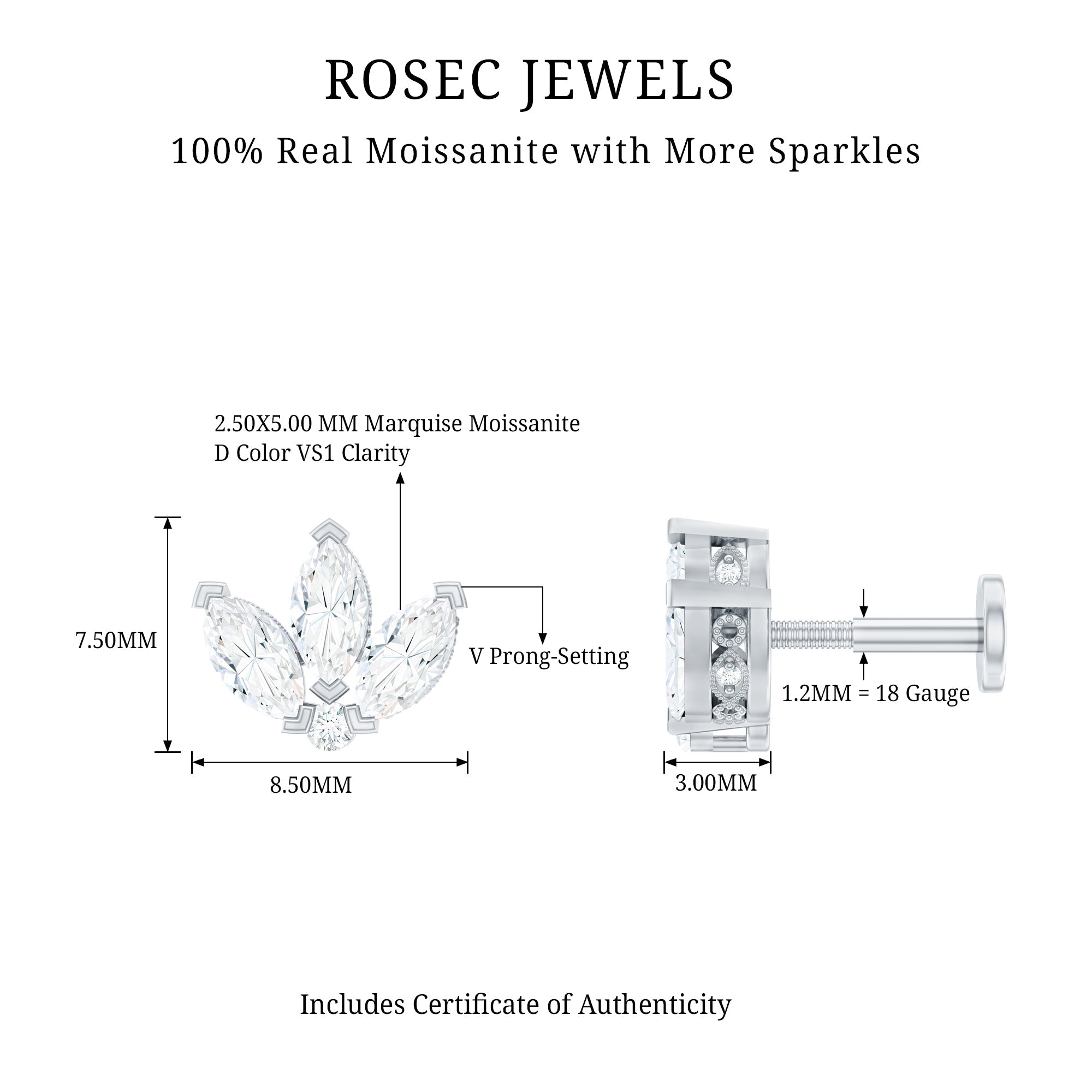Certified Marquise Moissanite Lotus Flower Earring for Helix Piercing