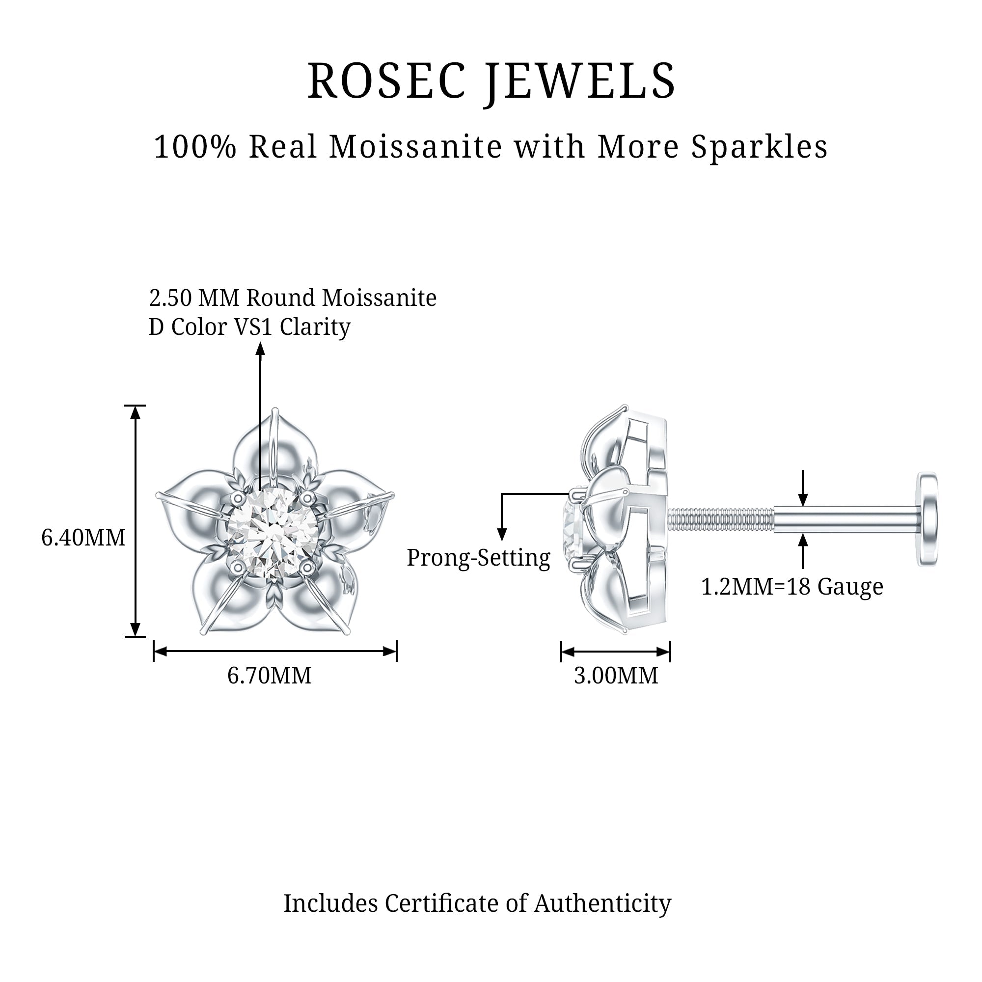 Round Moissanite Flower Earring for Helix Piercing