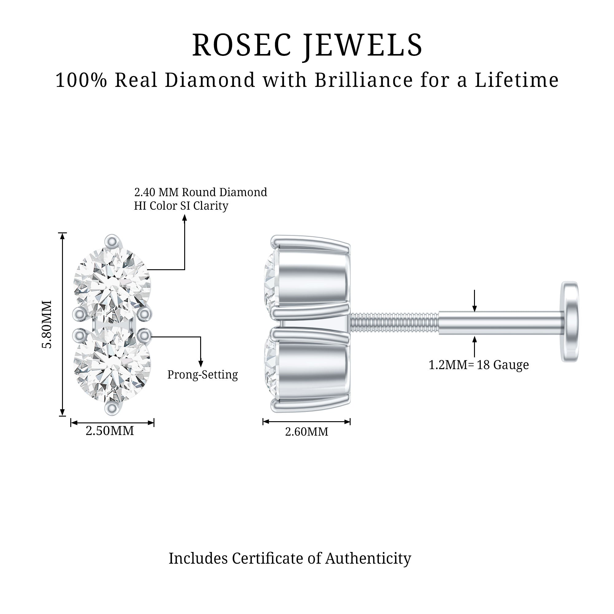 Natural Diamond 2 Stone Earring for Tragus Piercing