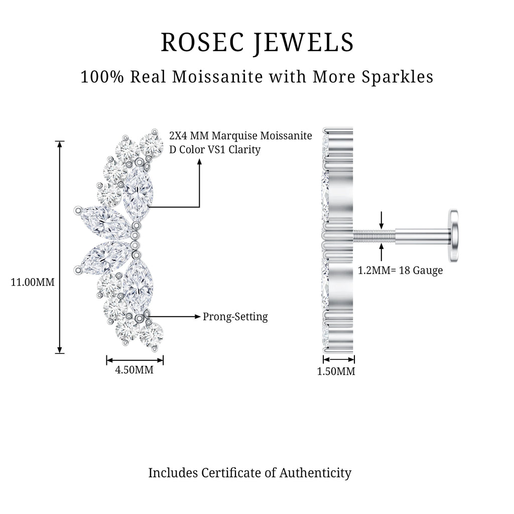 Certified Moissanite Cluster Crawler Earring for Helix Piercing