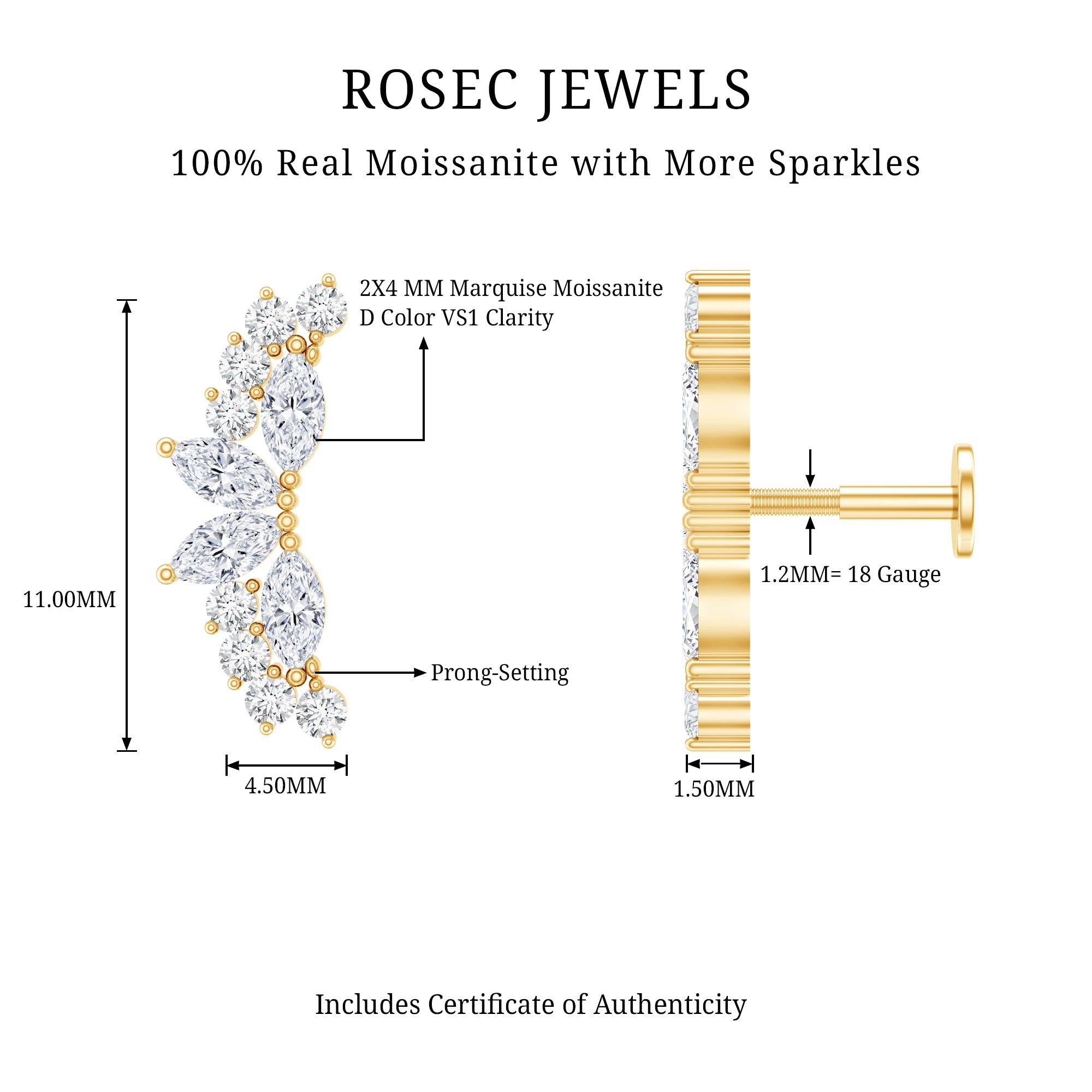 Certified Moissanite Cluster Crawler Earring for Helix Piercing