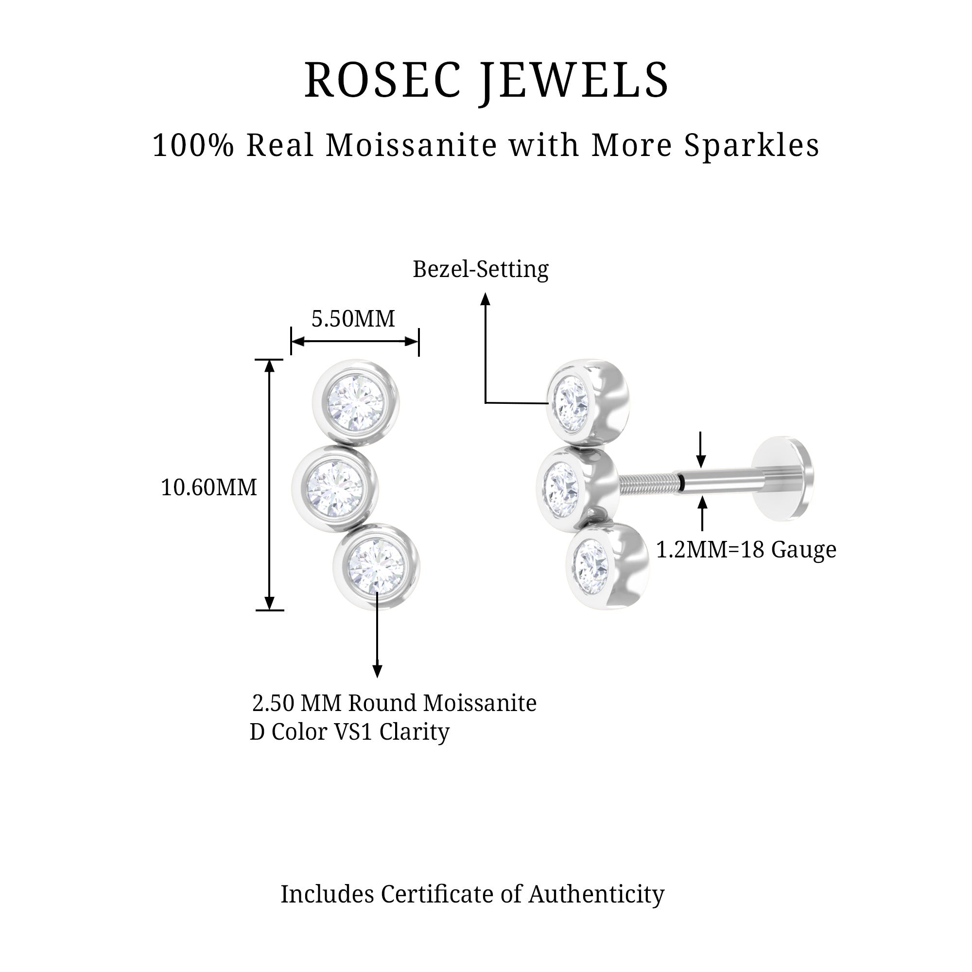 Bezel Set Moissanite Three Stone Crawler Earring