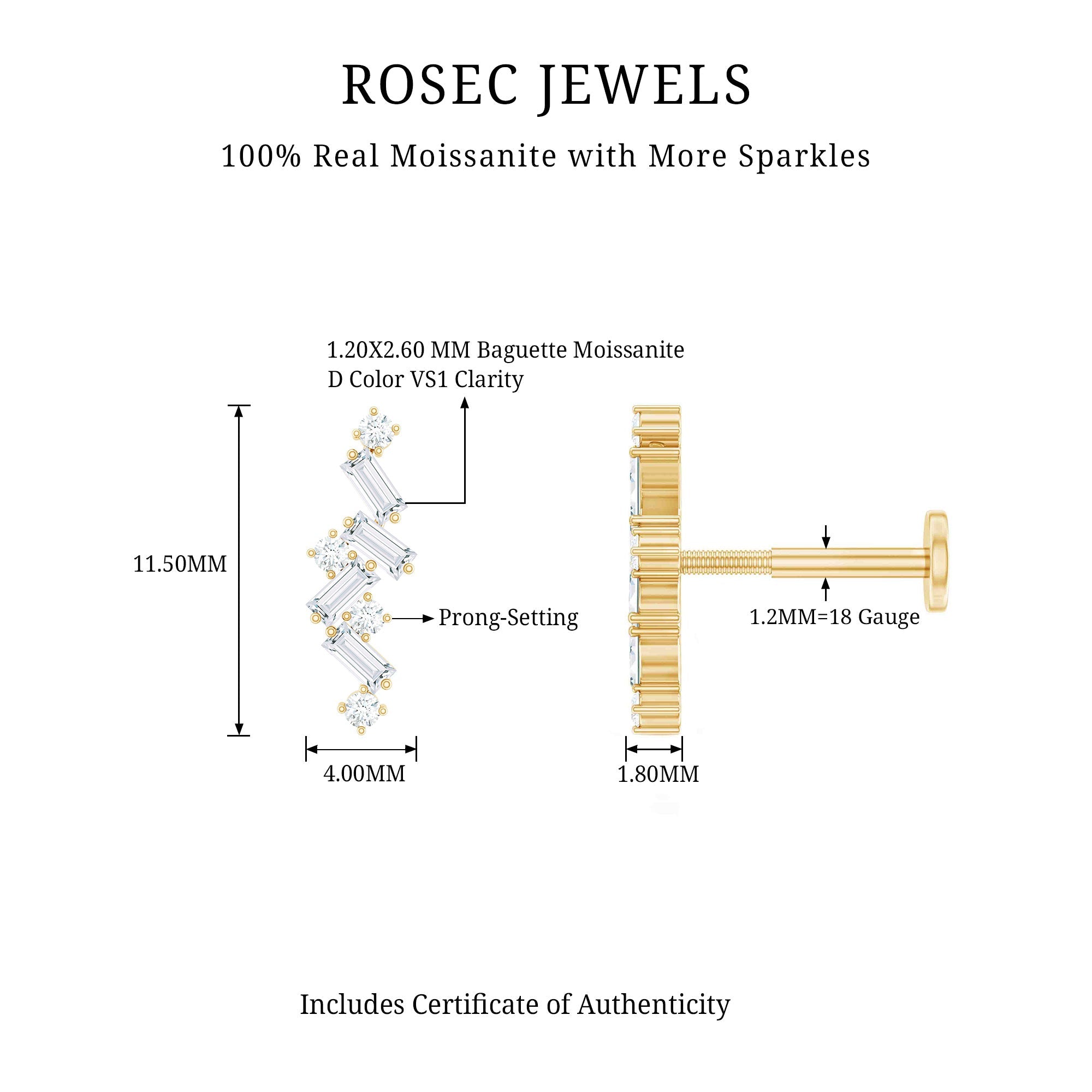 Baguette and Round Moissanite Cartilage Earring With Certificate