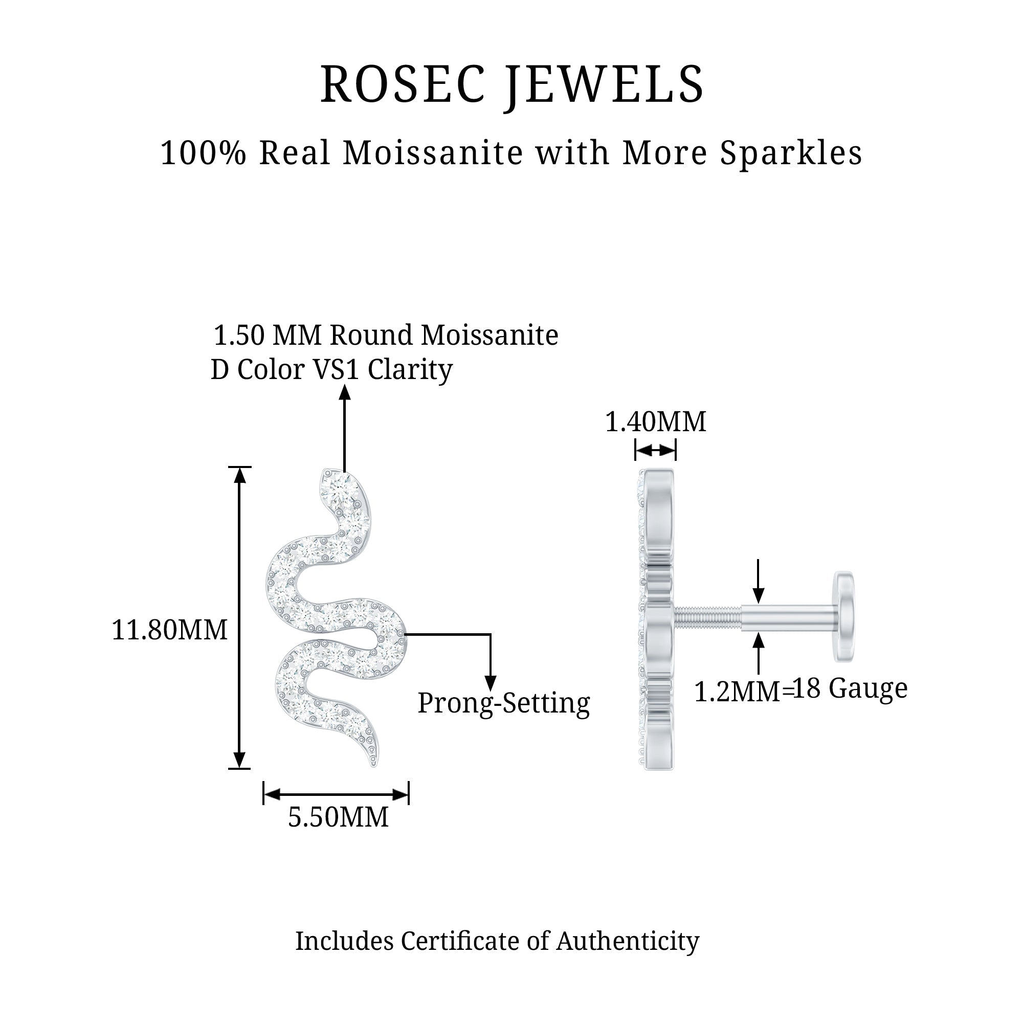Unique Moissanite Snake Crawler Cartilage Earring
