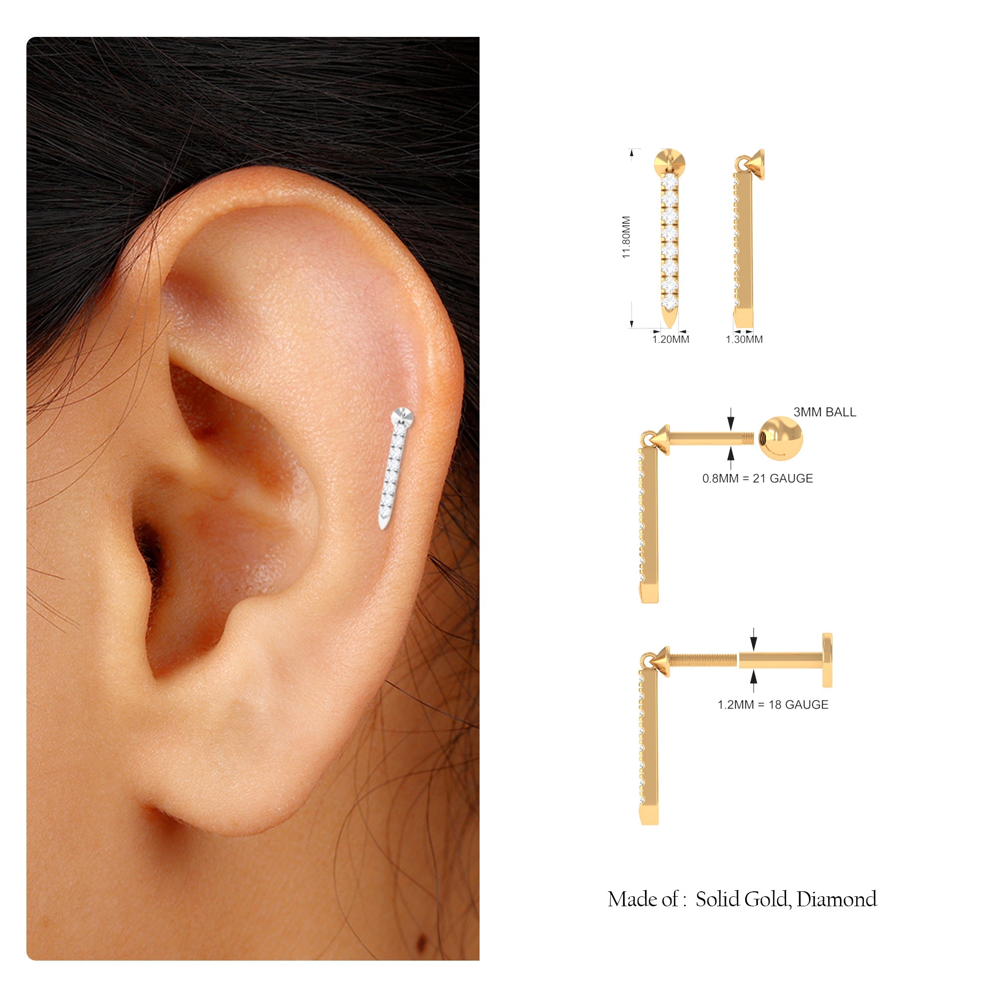 Minimalist Diamond Line Bar Earring for Helix Piercing