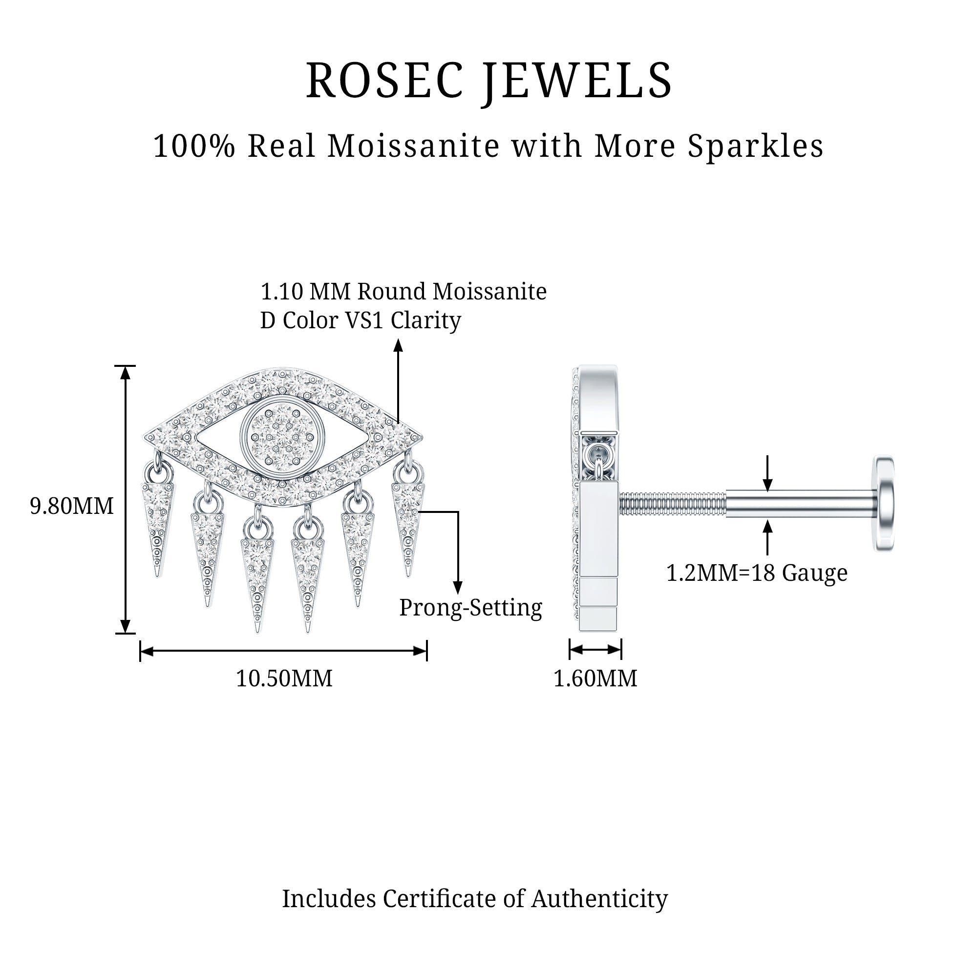 Unique Moissanite Evil Eye Earring for Cartilage Piercing
