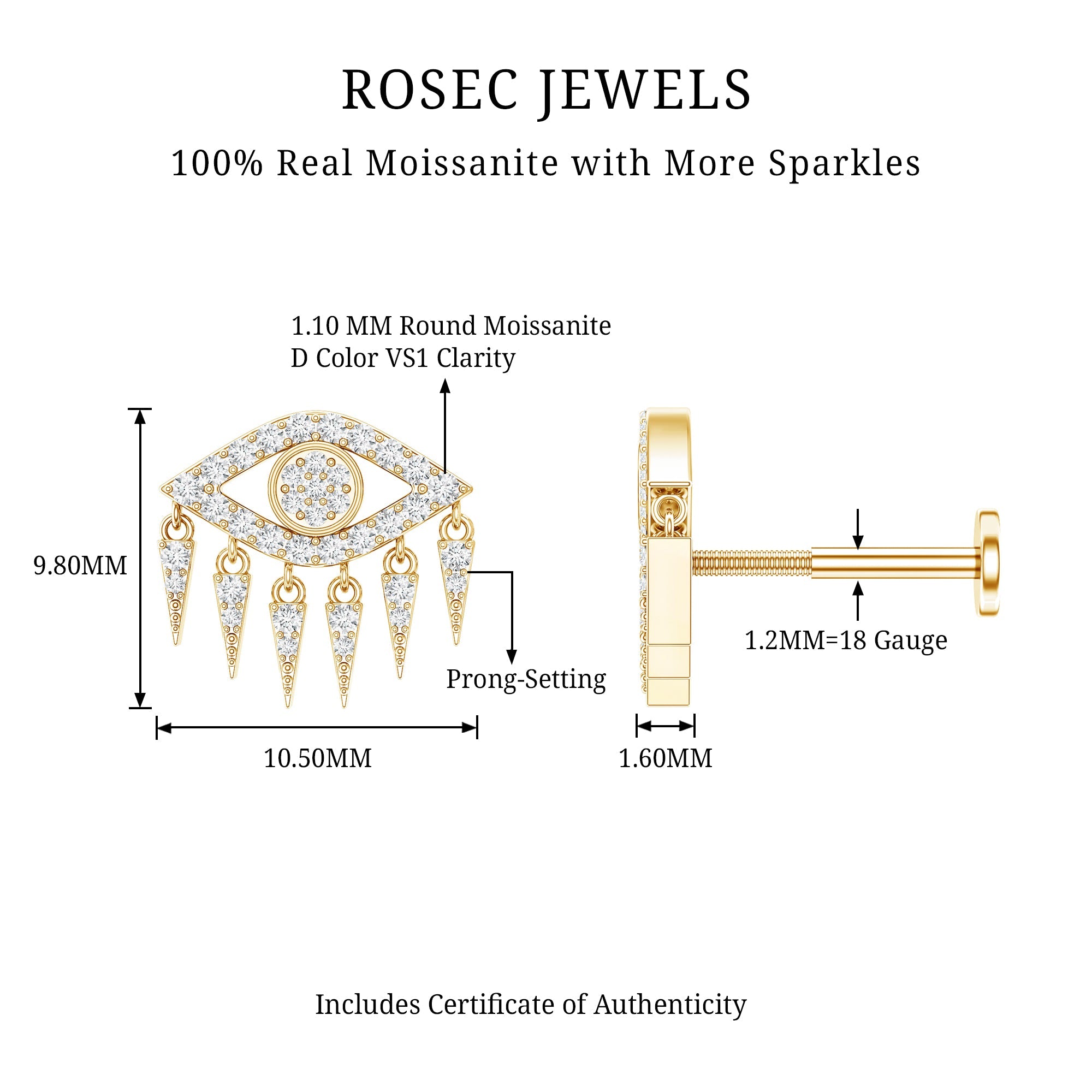 Unique Moissanite Evil Eye Earring for Cartilage Piercing