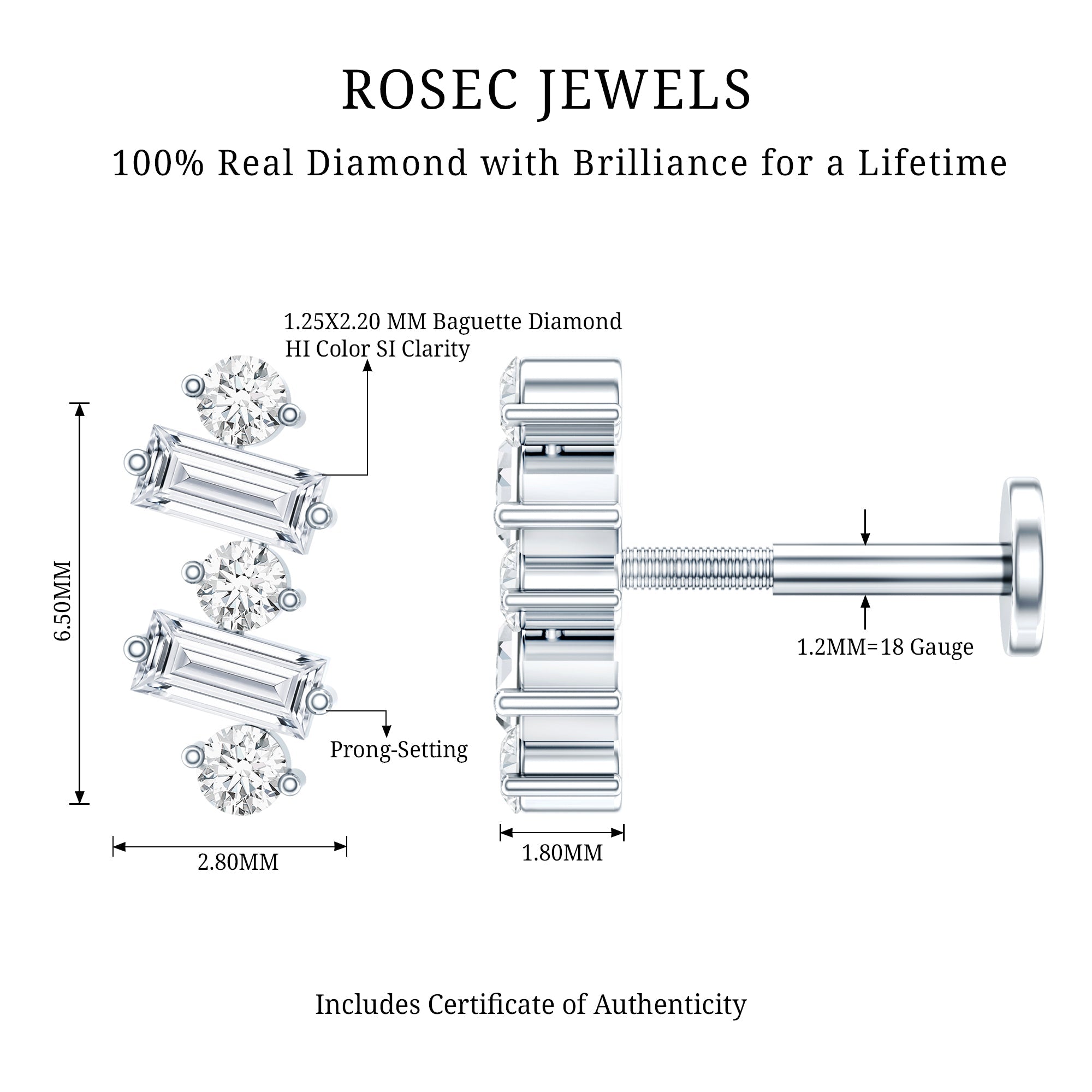 Genuine Baguette Diamond Tragus Earring With Certificate