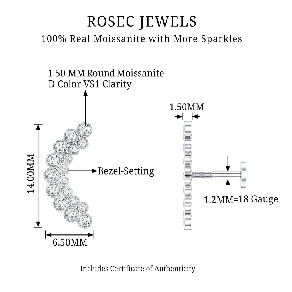 Moissanite Curved Helix Earring in Milgrain Bezel Setting