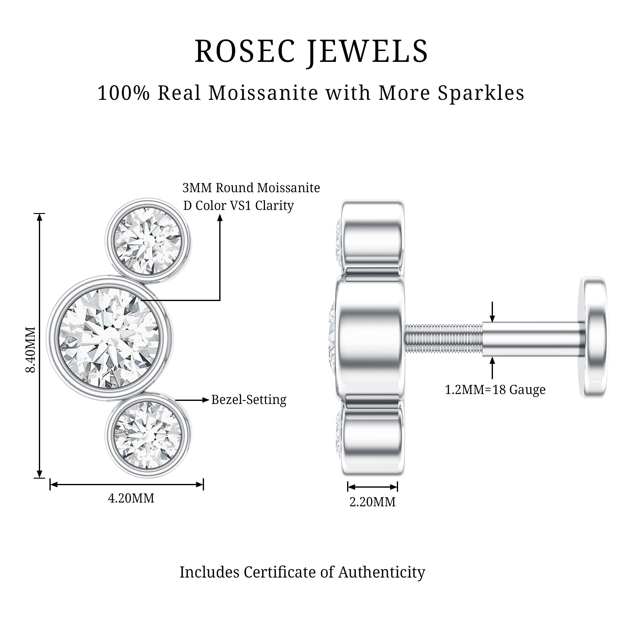Certified Moissanite Three Stone Crawler Helix Earring
