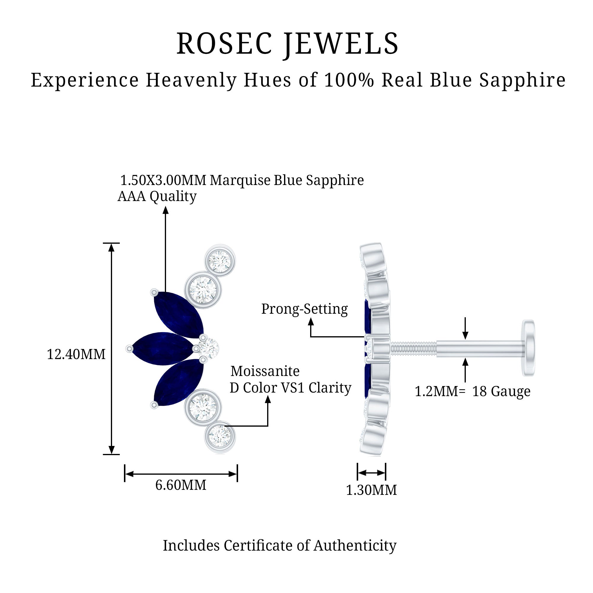 Natural Blue Sapphire Ear Crawler Earring