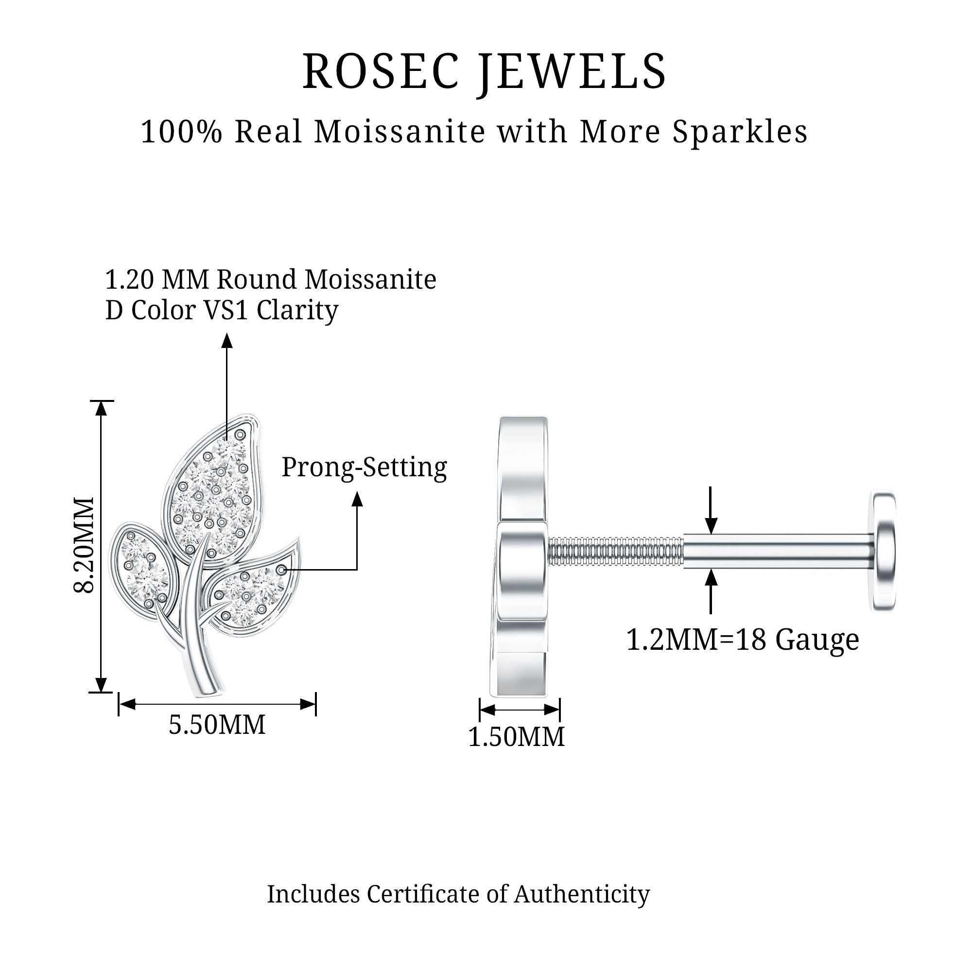 Dainty Moissanite Leaf Earring for Cartilage Piercing