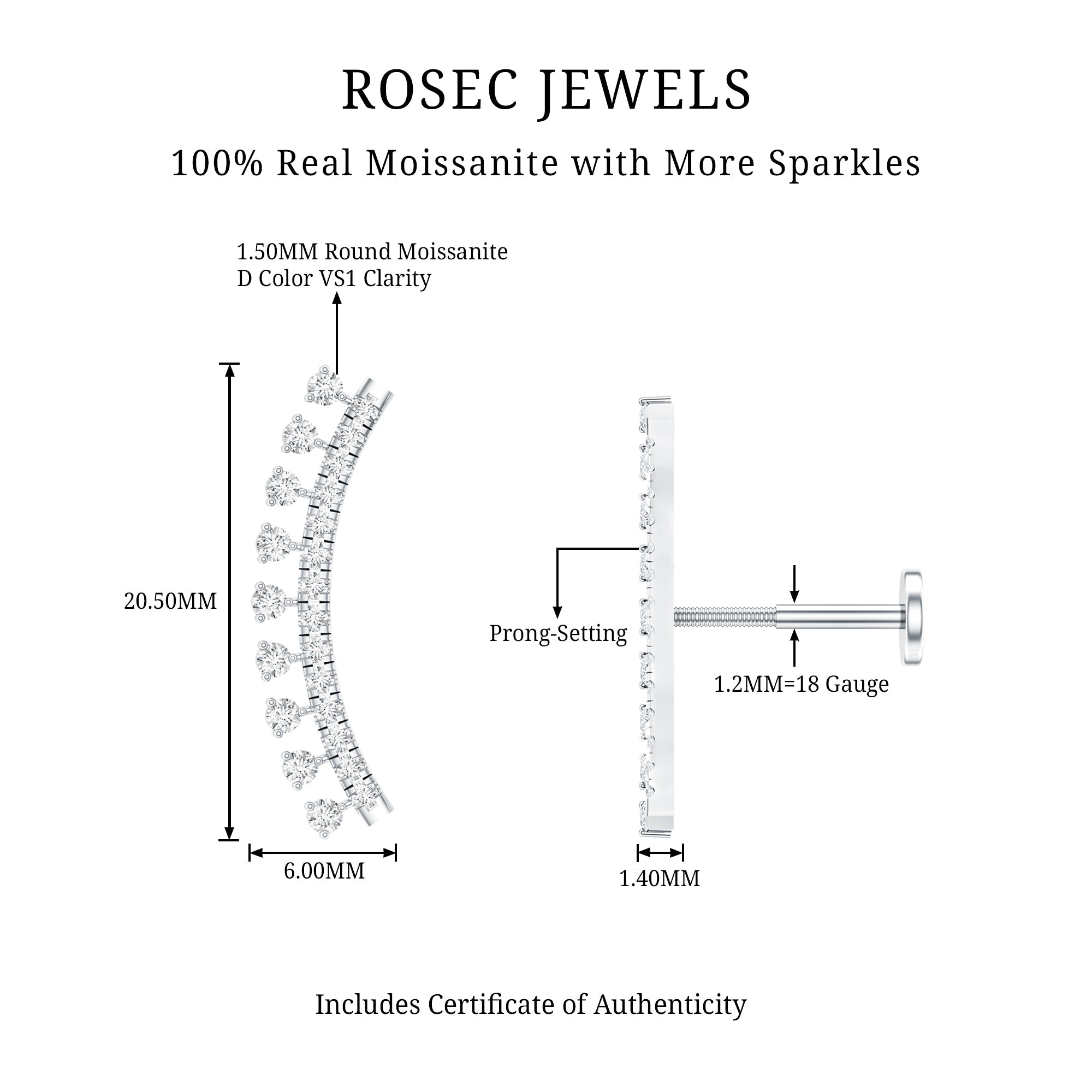 Certified Moissanite Curved Crawler Earring