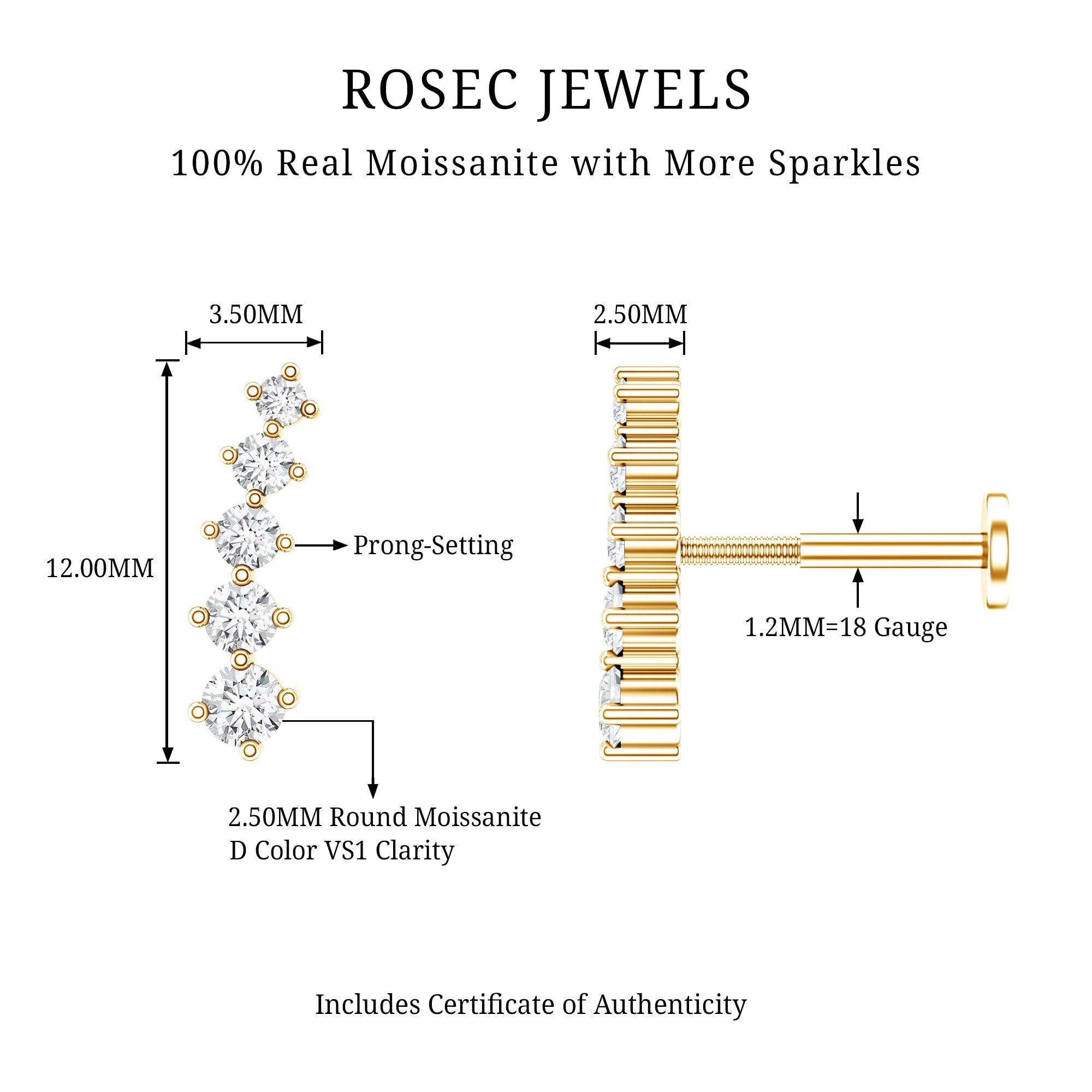 Minimal Moissanite Crawler Earring For Helix Piercing