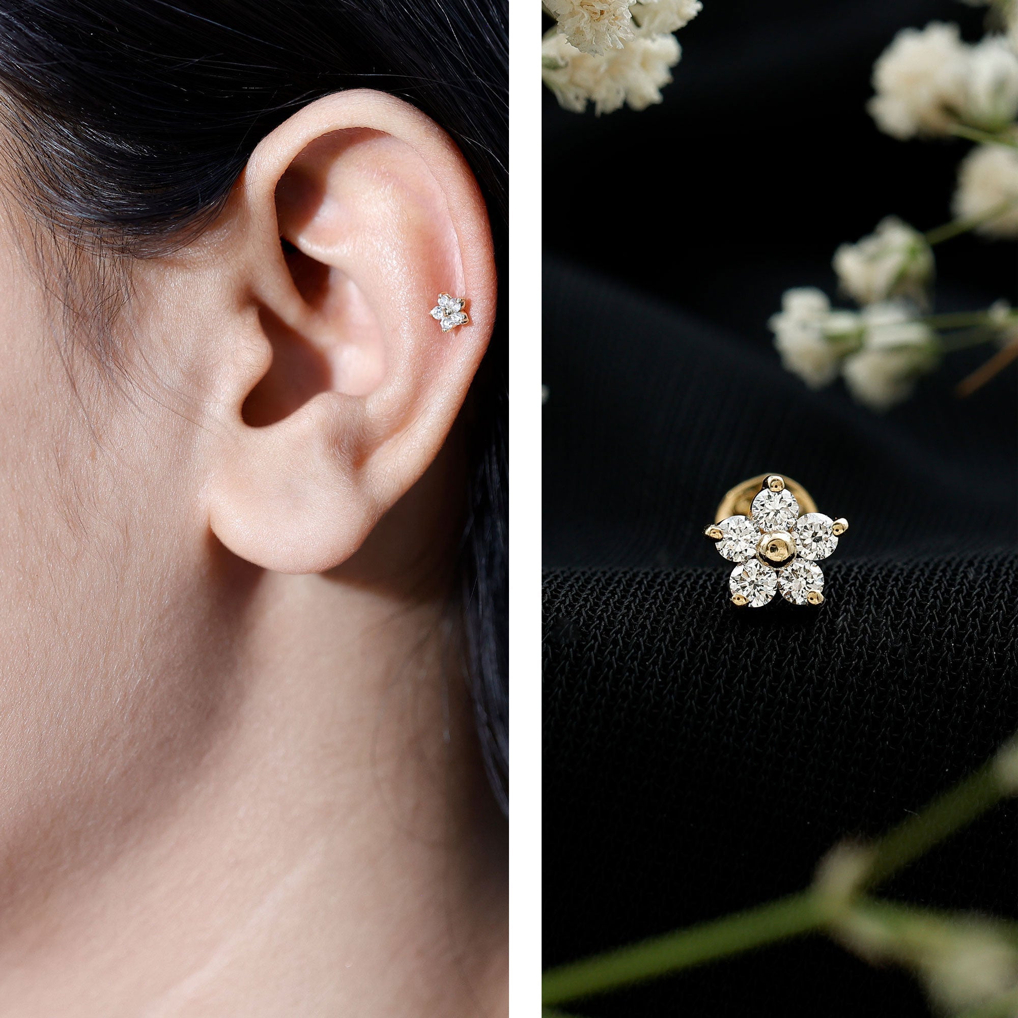 Certified Round Moissanite Flower Earring for Conch Piercing