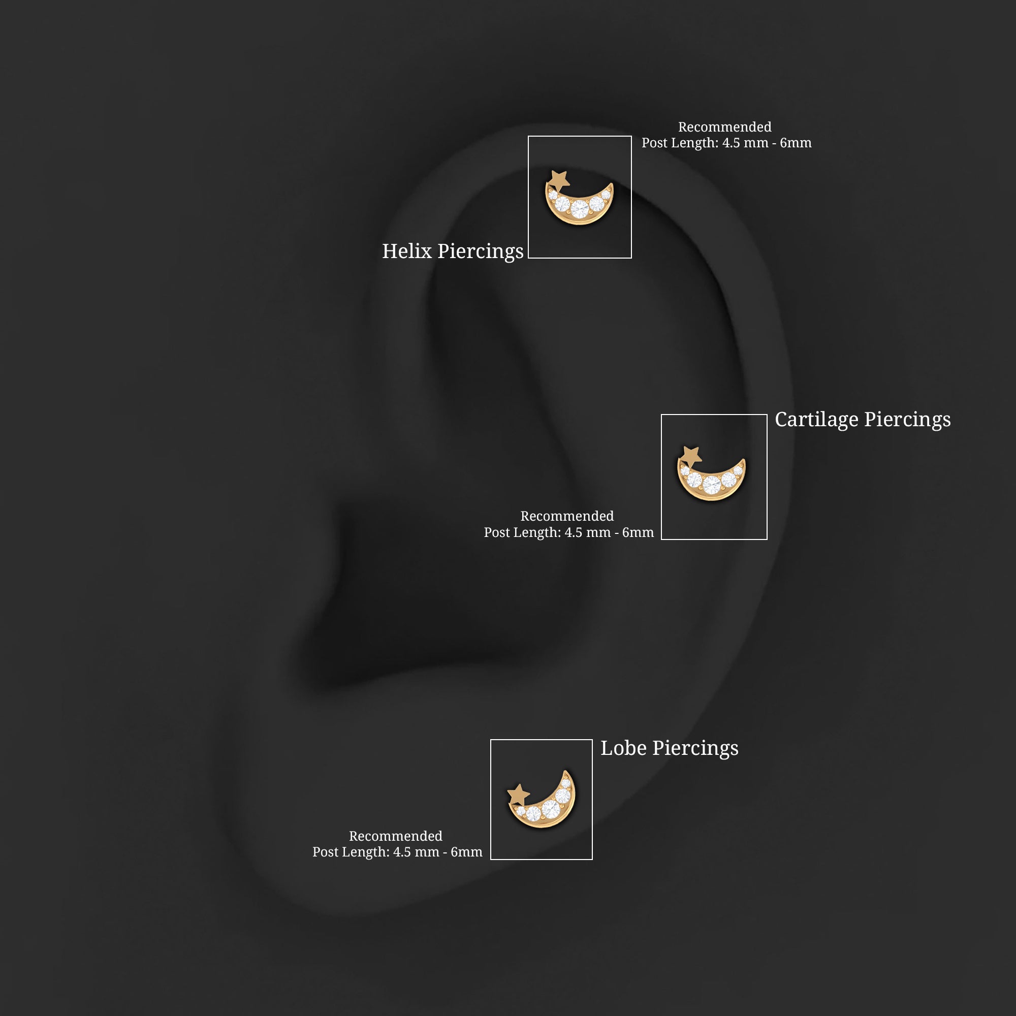 Real Diamond Moon Star Earring for Cartilage Piercing