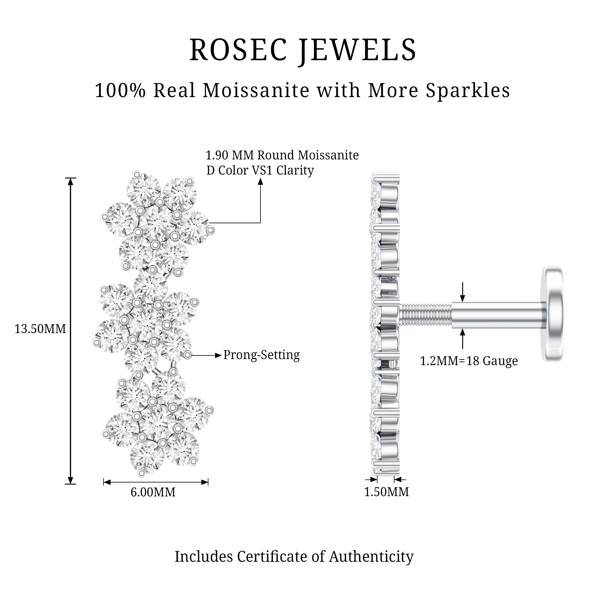 Certified Moissanite Flower Ear Crawler Earring for Women