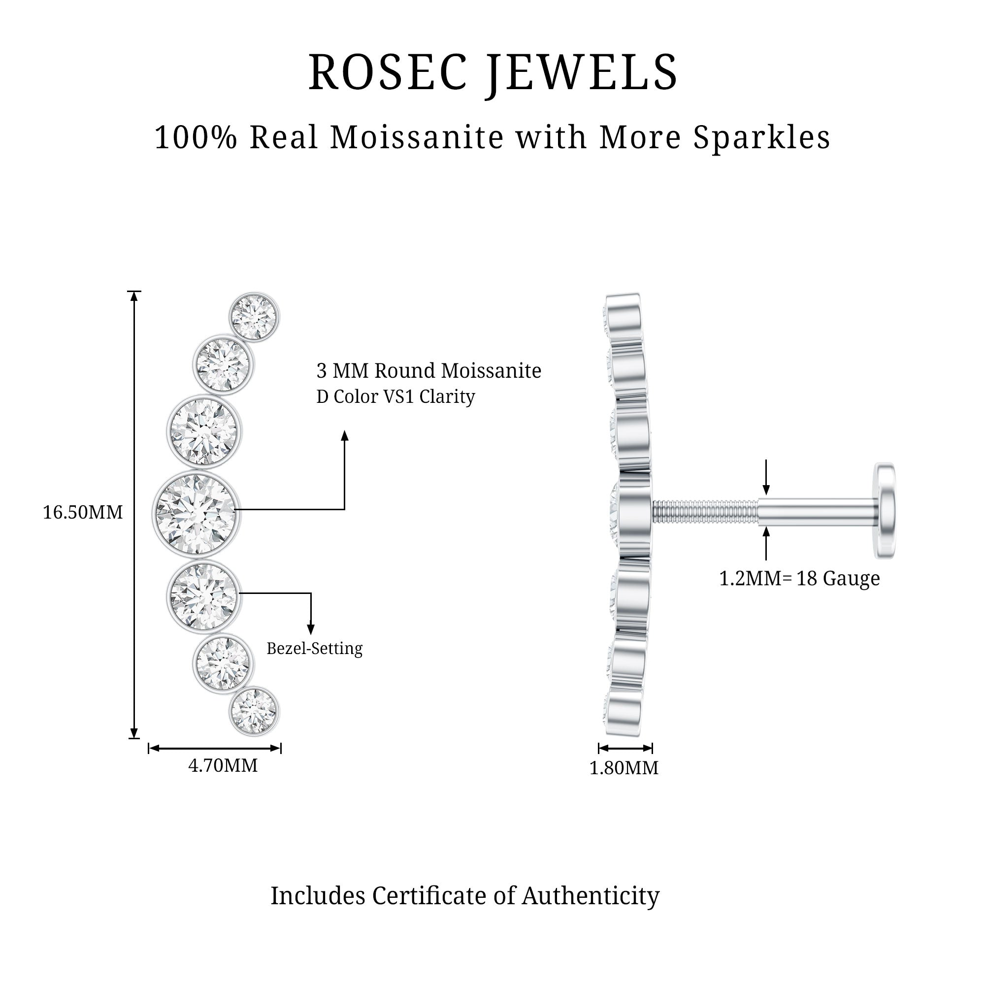 Graduated Bezel Set Moissanite Curved Crawler Earring