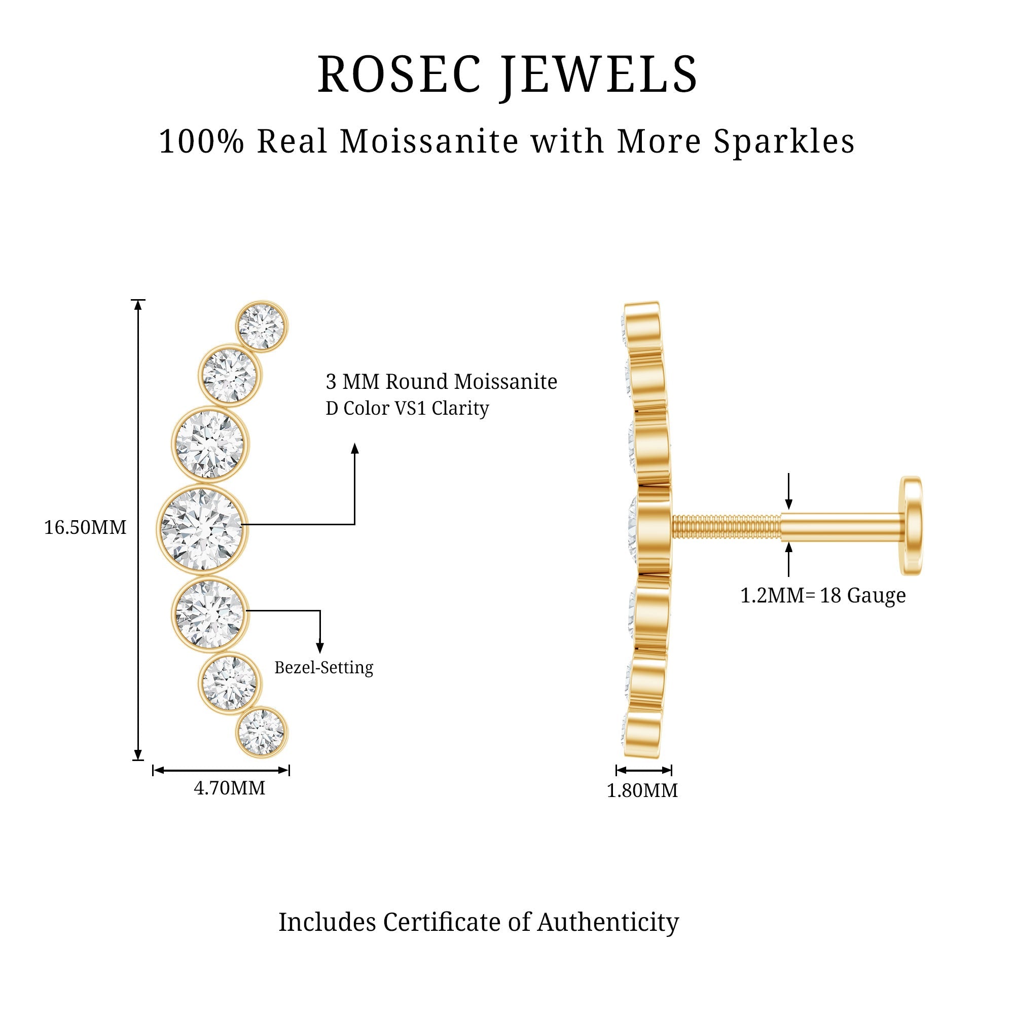 Graduated Bezel Set Moissanite Curved Crawler Earring