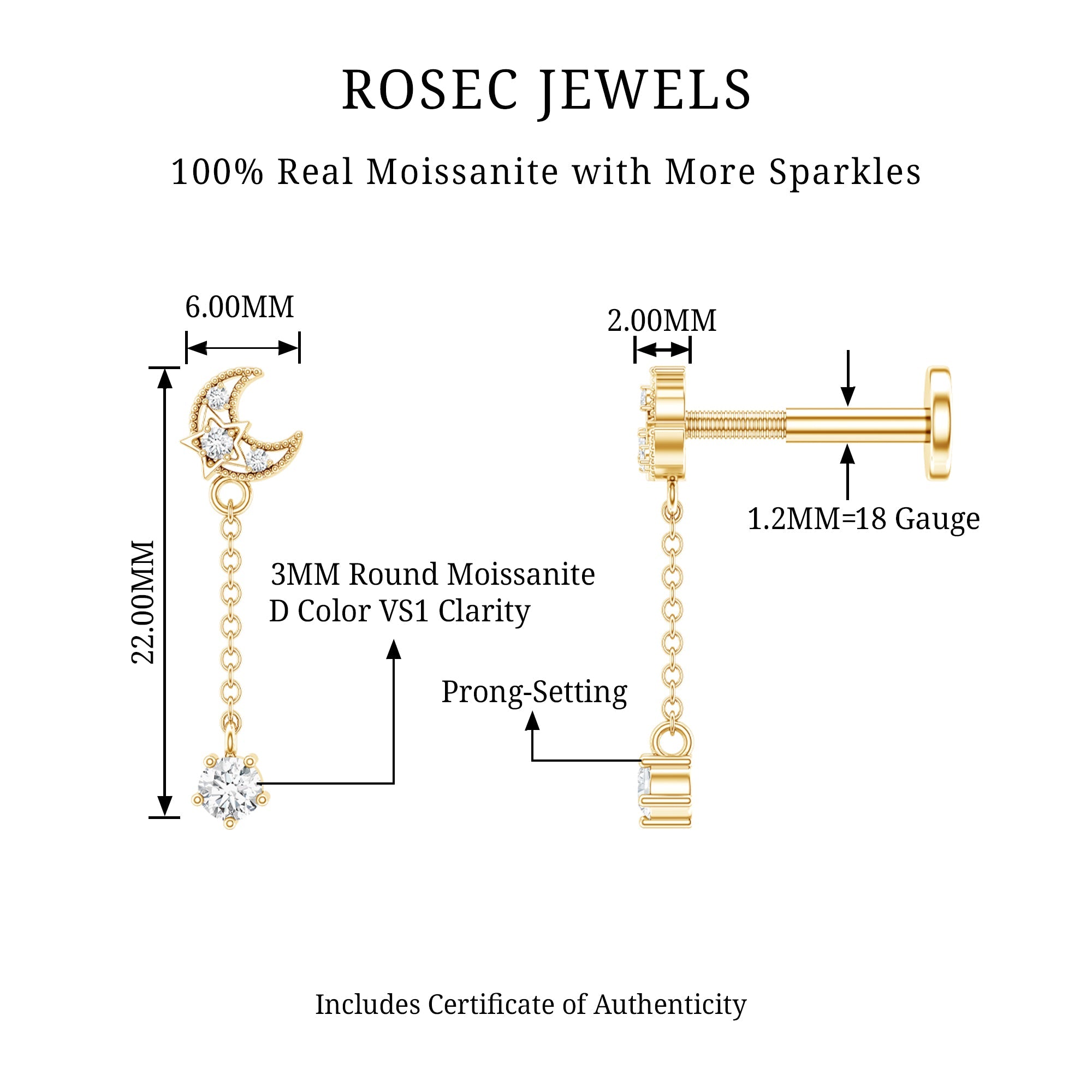 Moissanite Celestial Chain Drop Earring for Helix Piercing