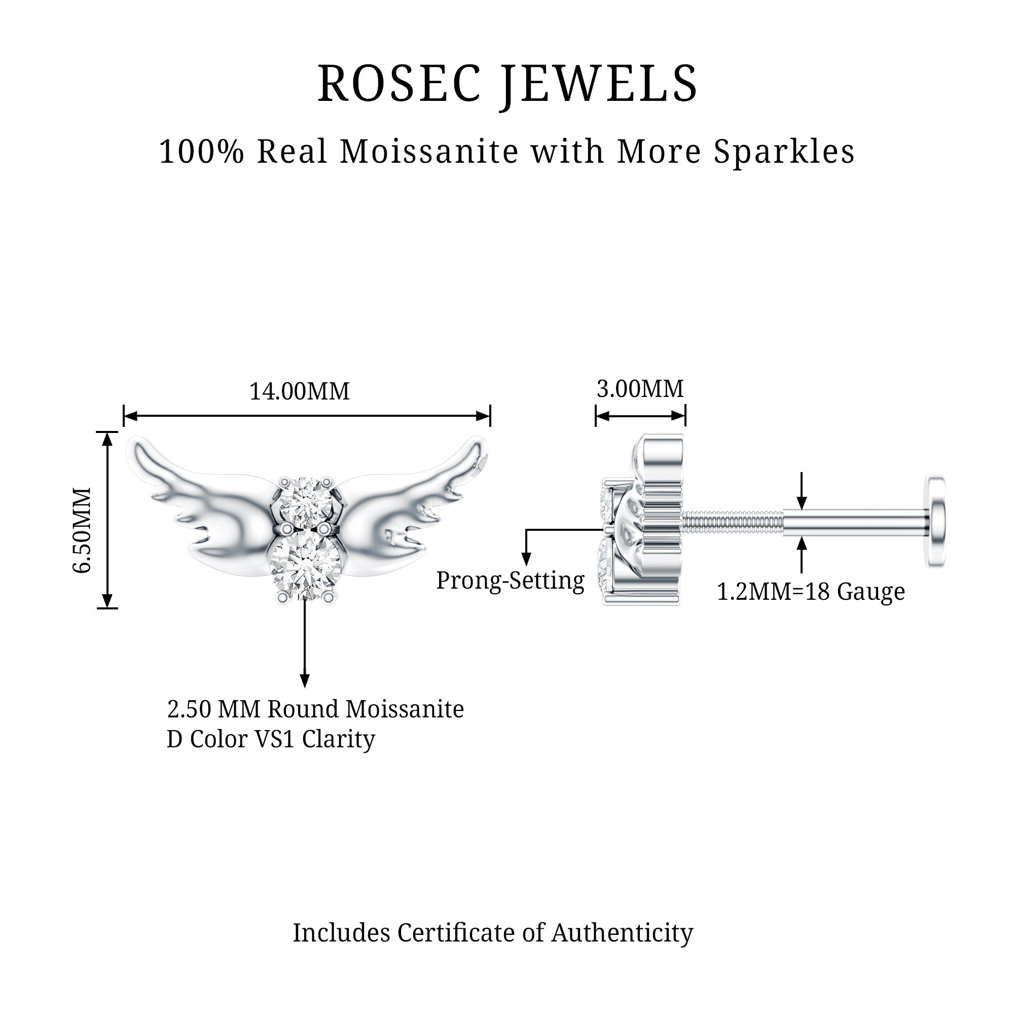Round Moissanite Bat Earring for Cartilage Piercing
