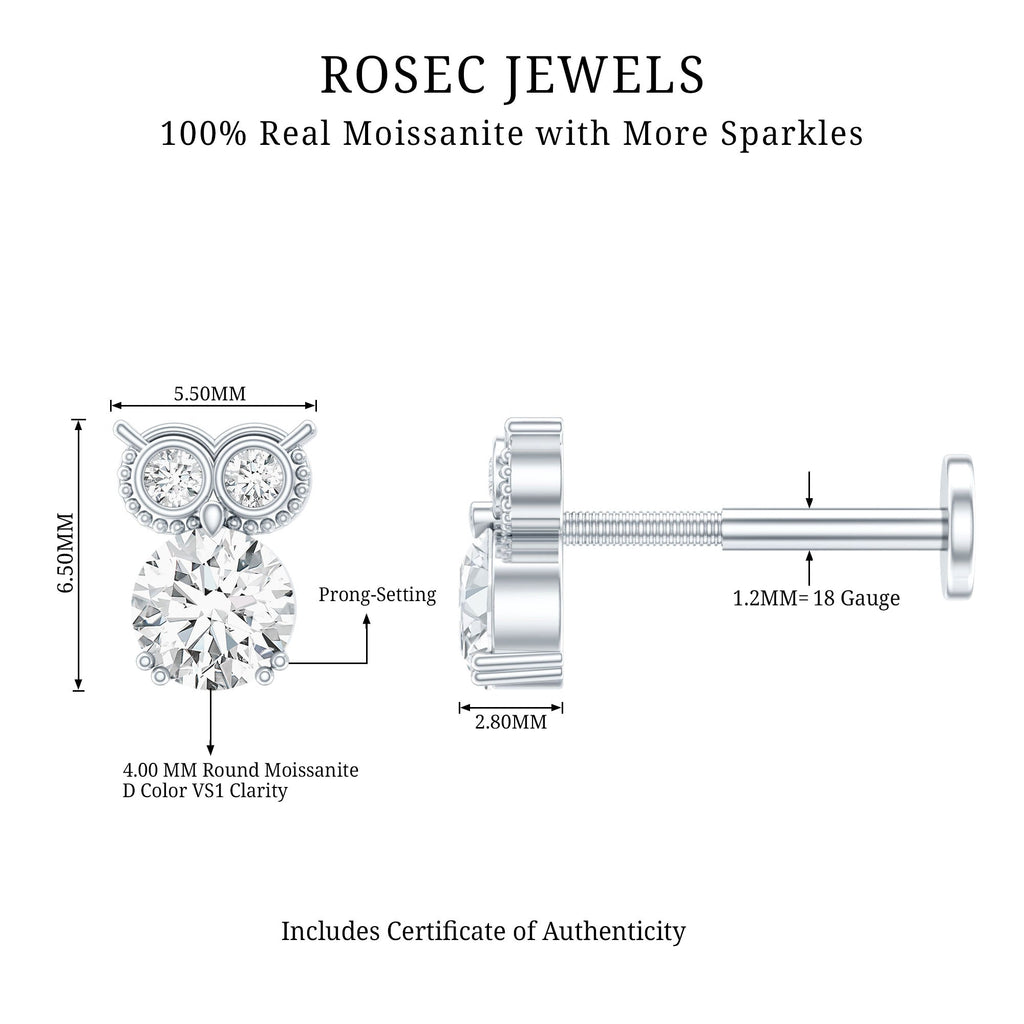 Round Cut Moissanite Owl Earring for Cartilage Piercing