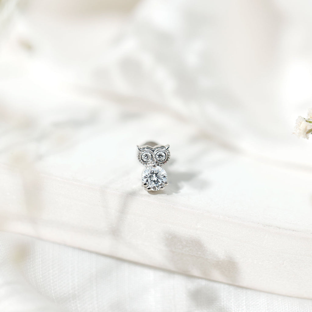 Round Cut Moissanite Owl Earring for Cartilage Piercing