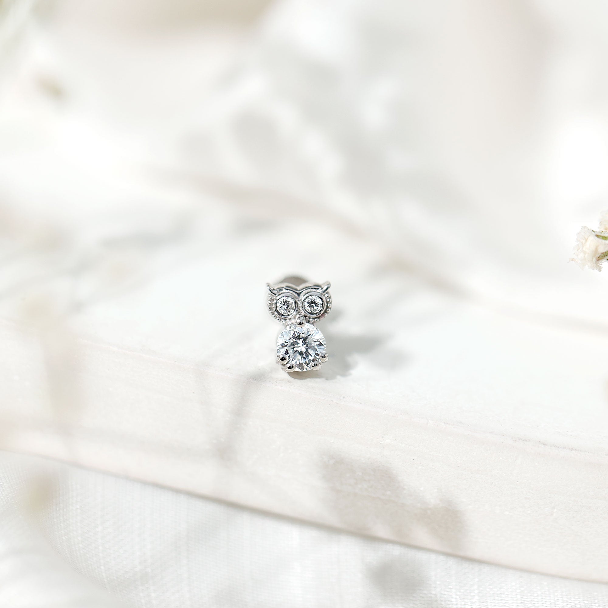 Round Cut Moissanite Owl Earring for Cartilage Piercing