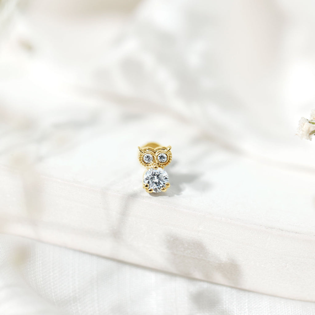 Round Cut Moissanite Owl Earring for Cartilage Piercing