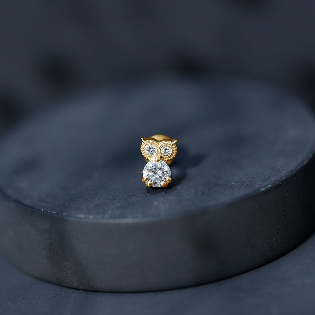 Round Cut Moissanite Owl Earring for Cartilage Piercing