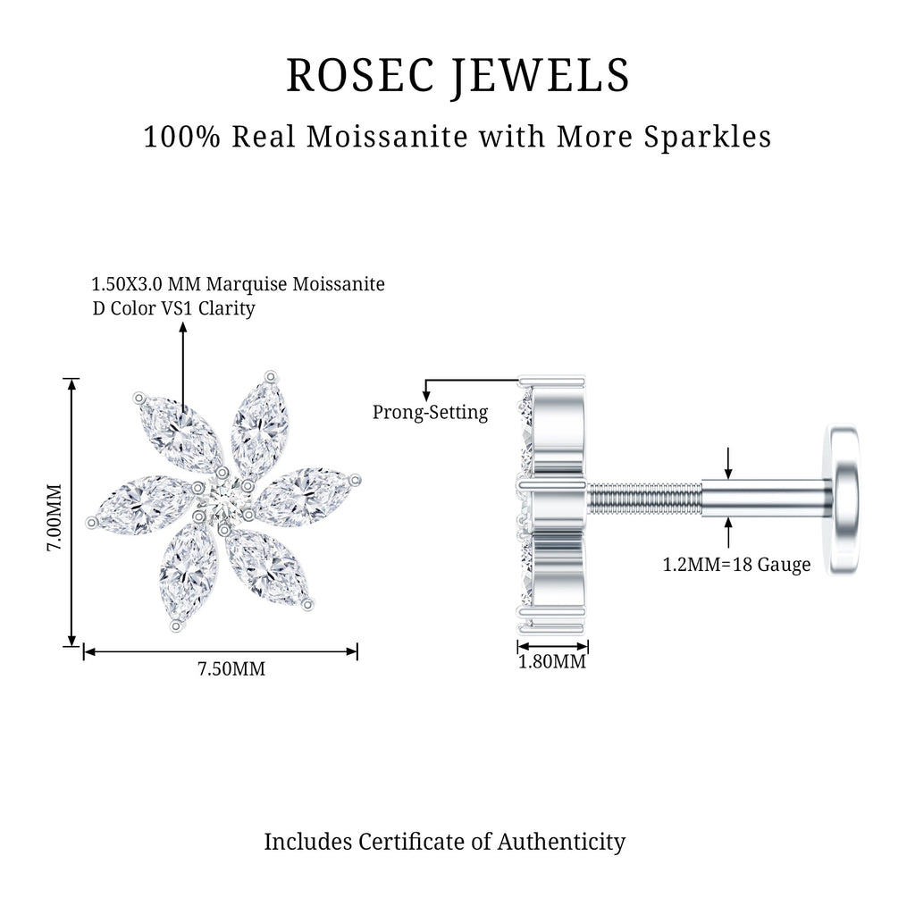Marquise Moissanite Flower Earring for Cartilage Piercing