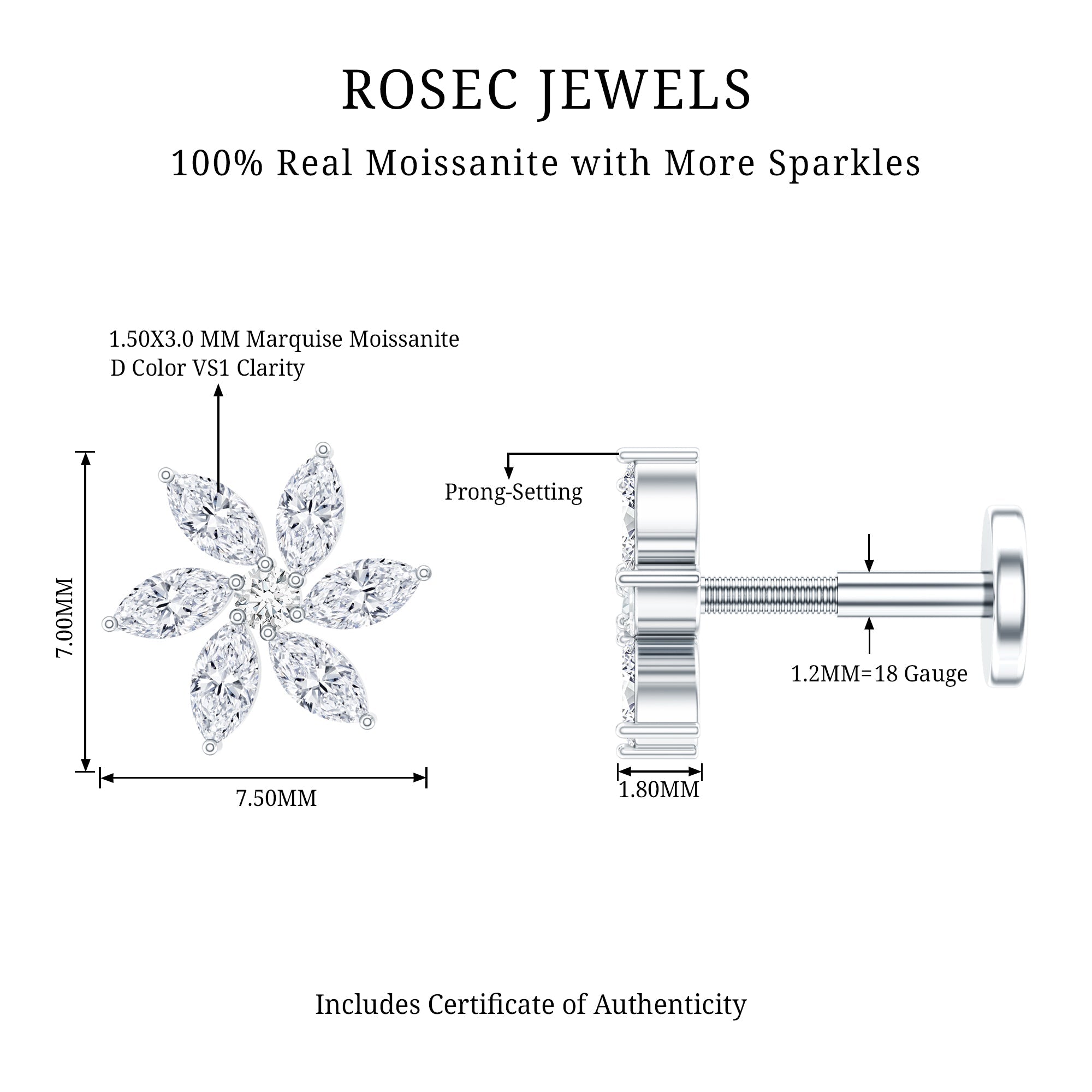 Marquise Moissanite Flower Earring for Cartilage Piercing