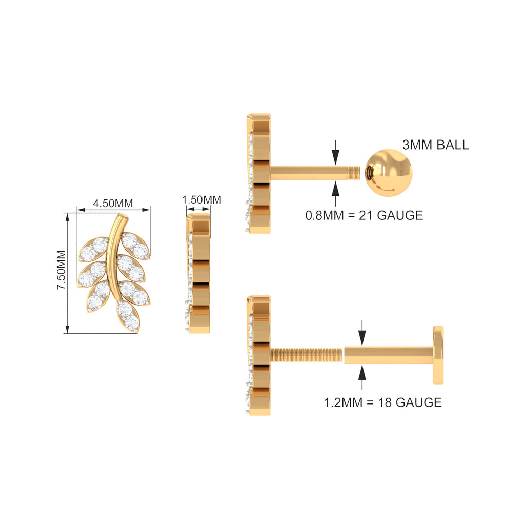 Natural Diamond Olive Leaf Earring for Cartilage Piercing