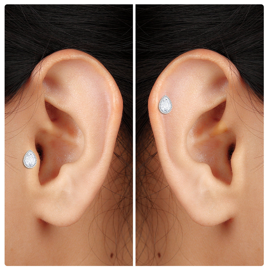 Pear Moissanite Helix Solitaire Earring in Beaded Bezel Setting