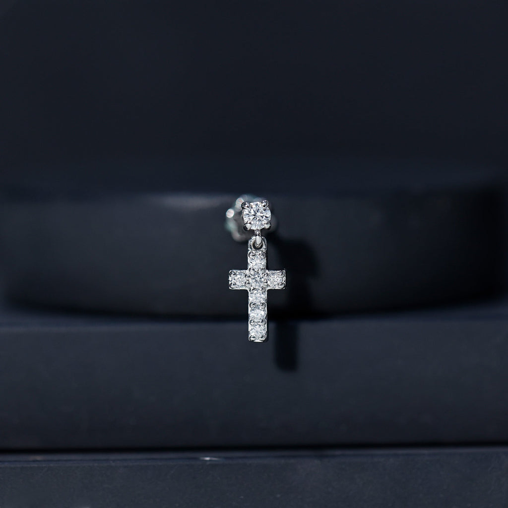 Moissanite Cross Dangly Earring for Helix Piercing