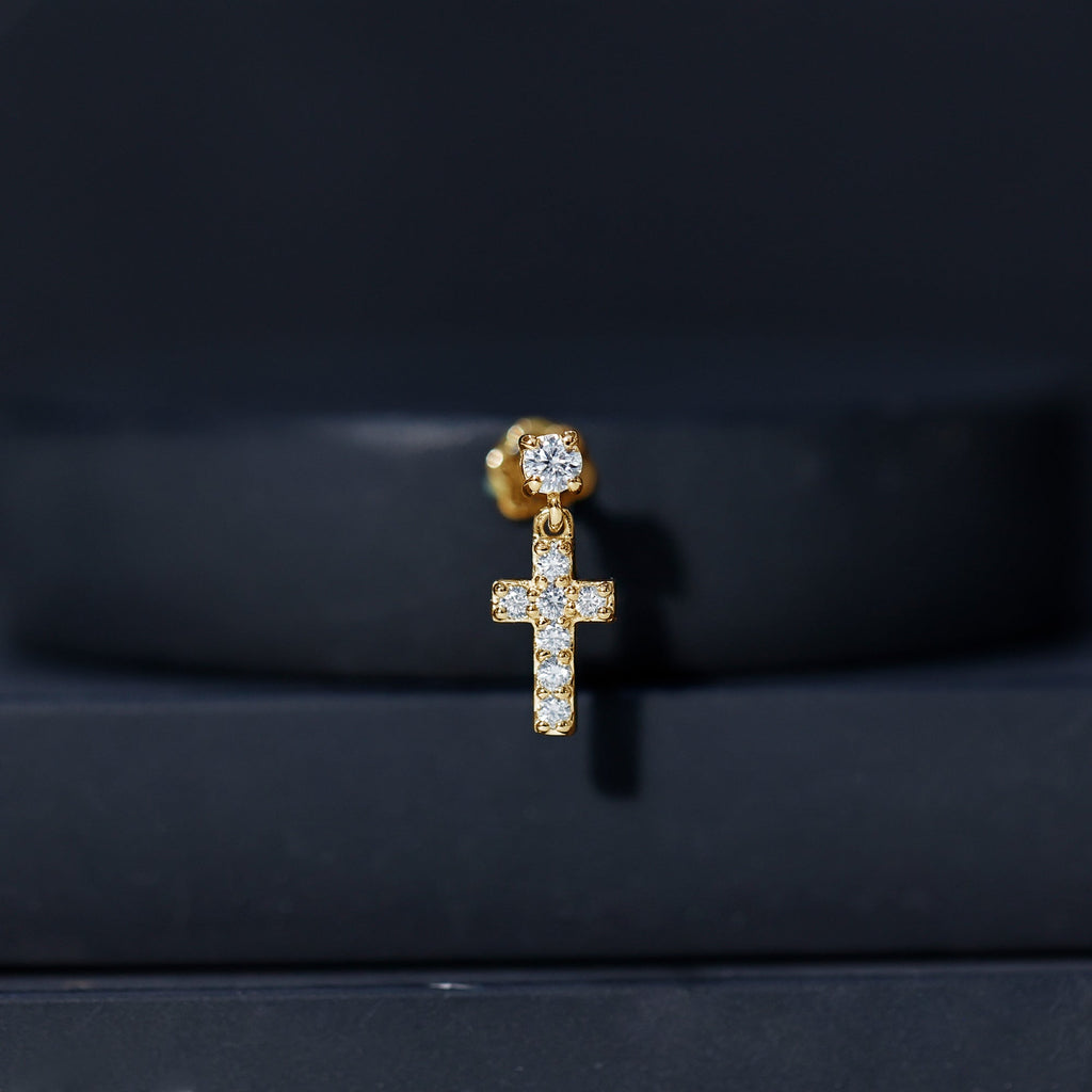 Moissanite Cross Dangly Earring for Helix Piercing