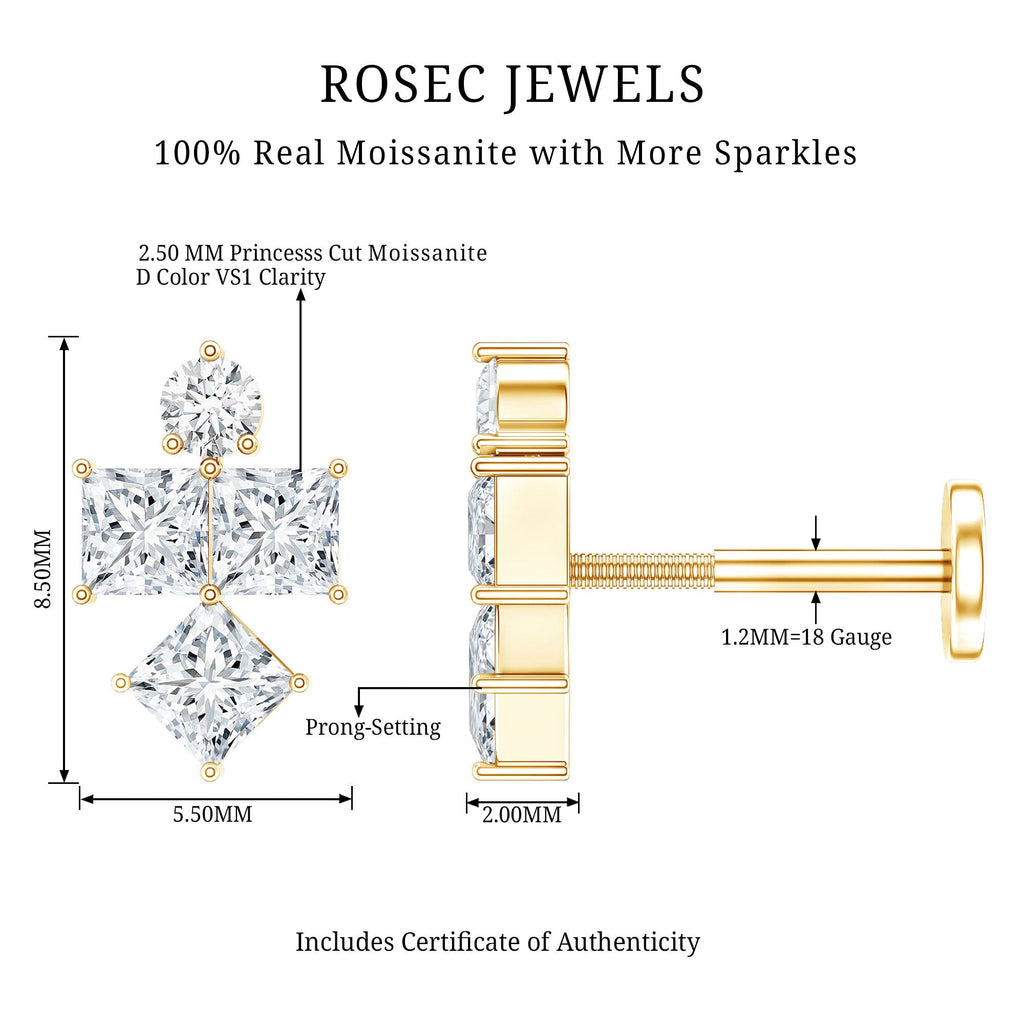 Round and Princess Cut Moissanite Cluster Helix Earring