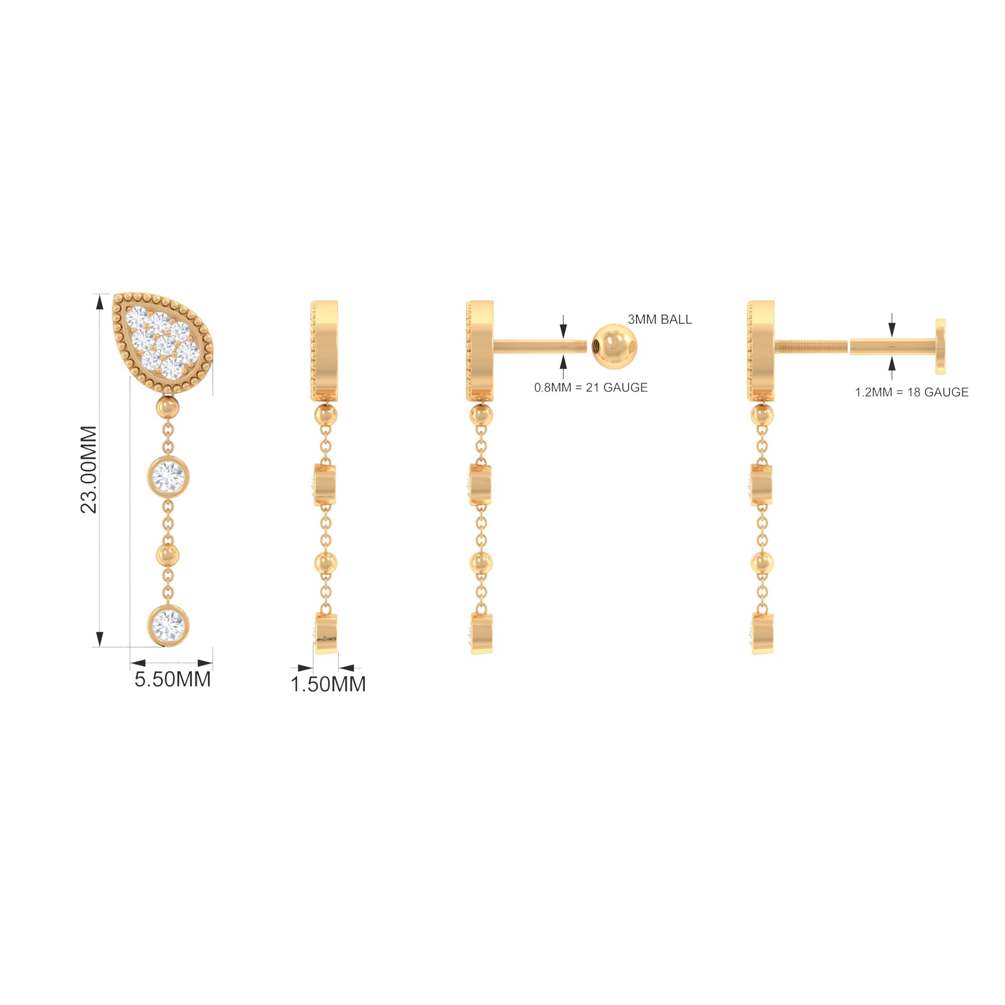 Natural Diamond Chain Dangle Earring for Cartilage Piercing