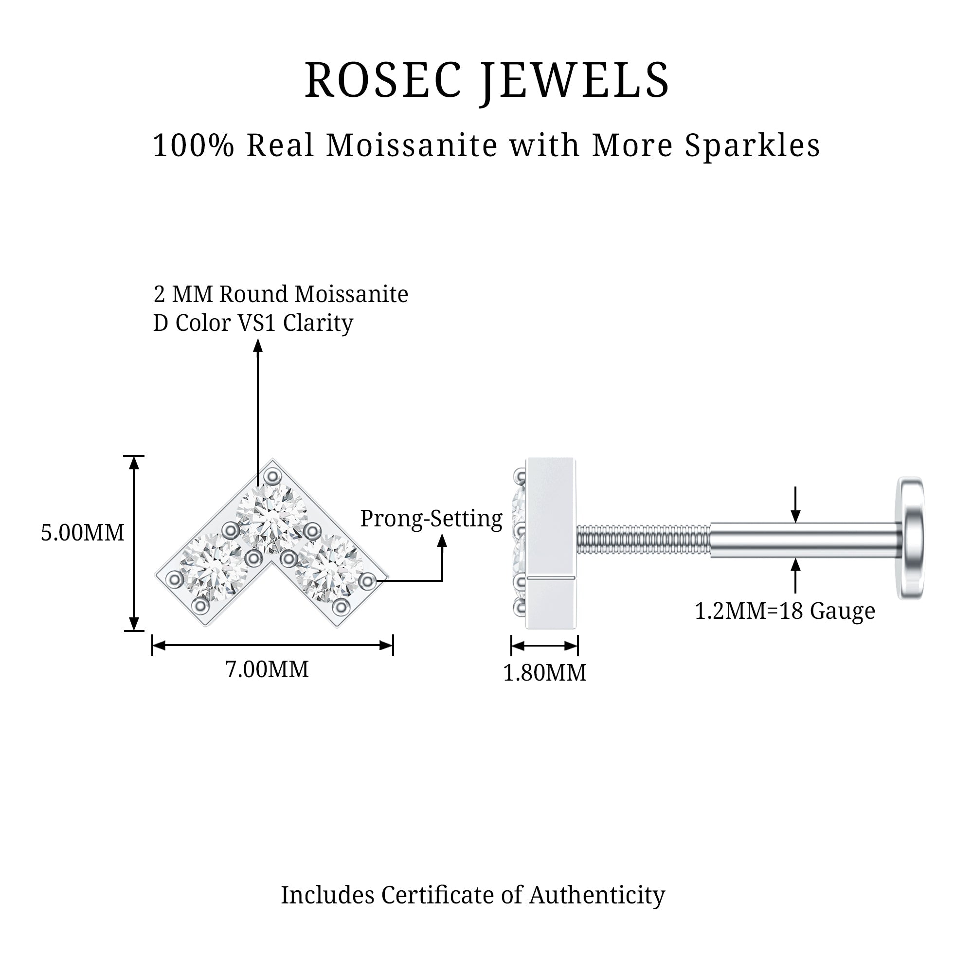 Round Moissanite Chevron Tragus Earring for Women