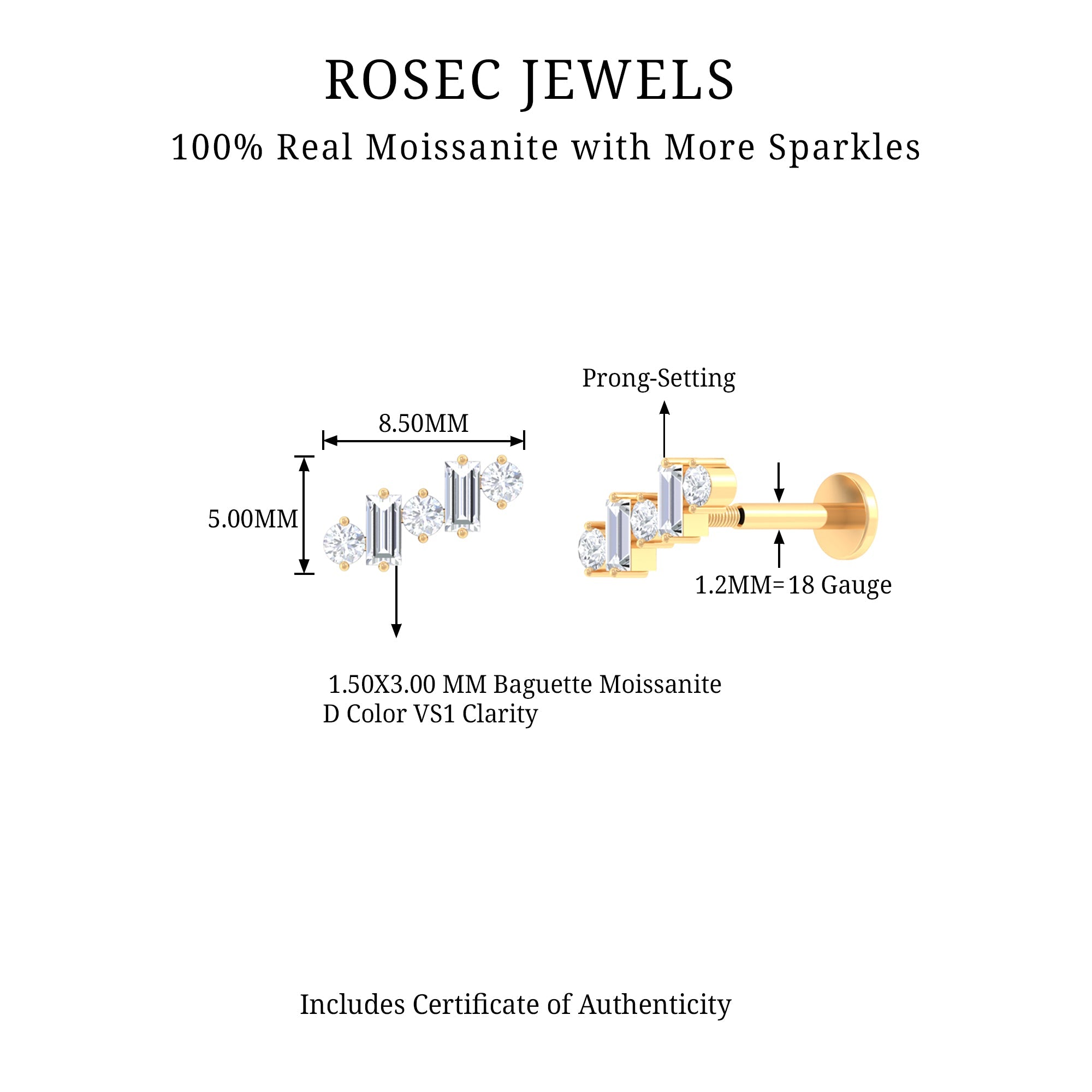Baguette and Round Moissanite Ear Crawler Earring