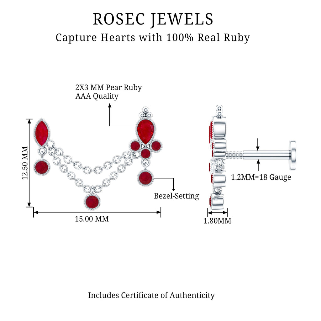 Natural Ruby Double Piercing Earring with Dangling Chain