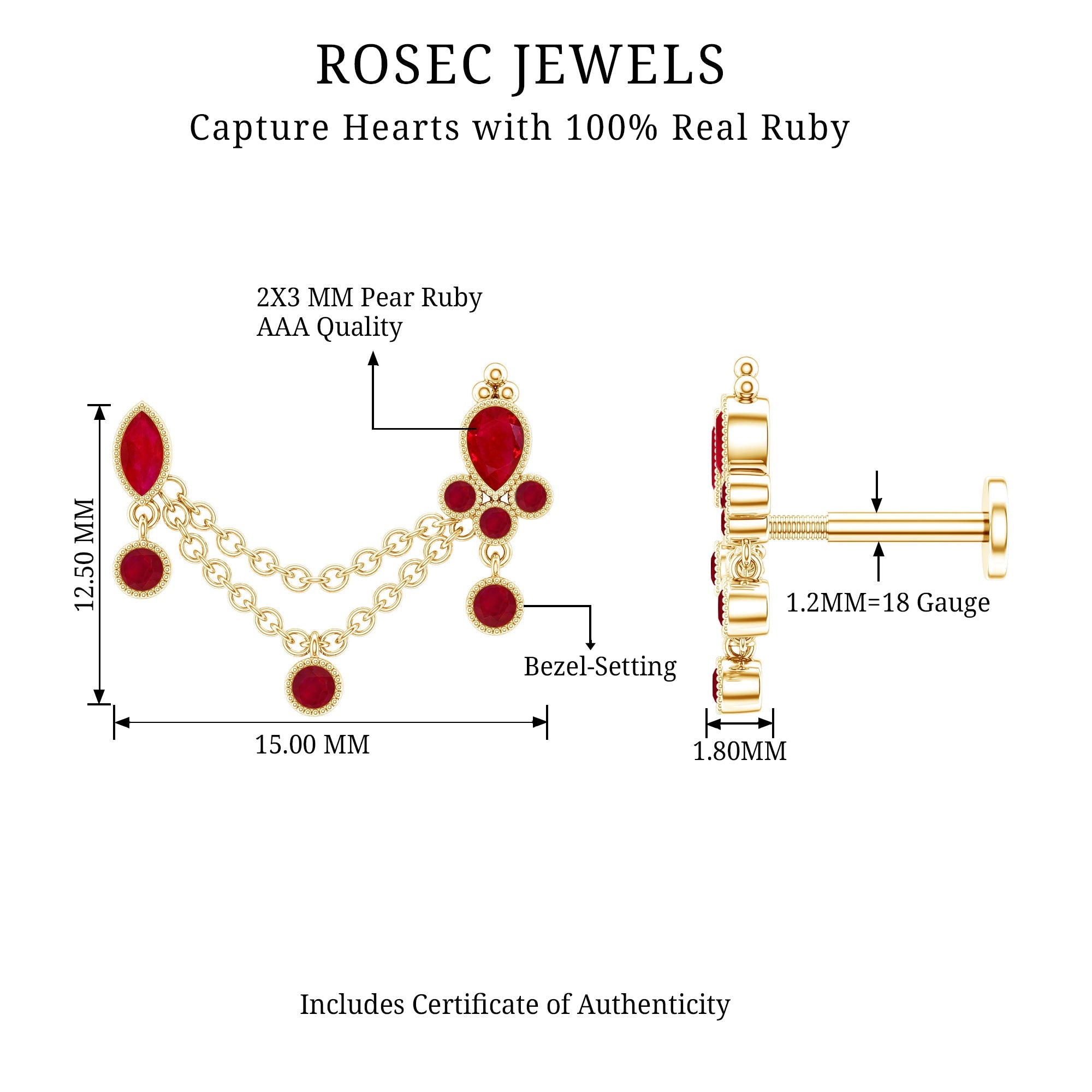 Natural Ruby Double Piercing Earring with Dangling Chain