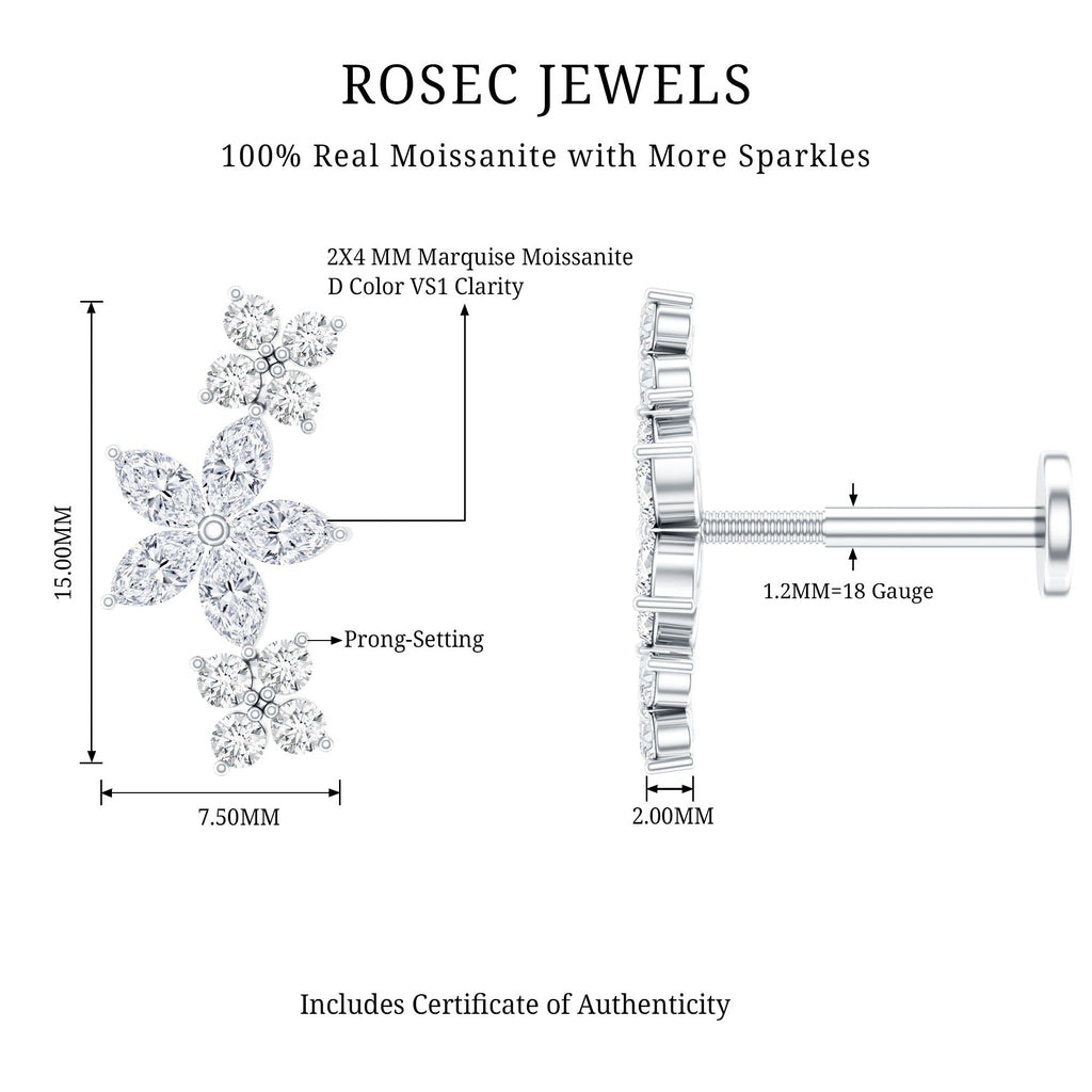 Certified Round Moissanite Flower Ear Crawler Earring